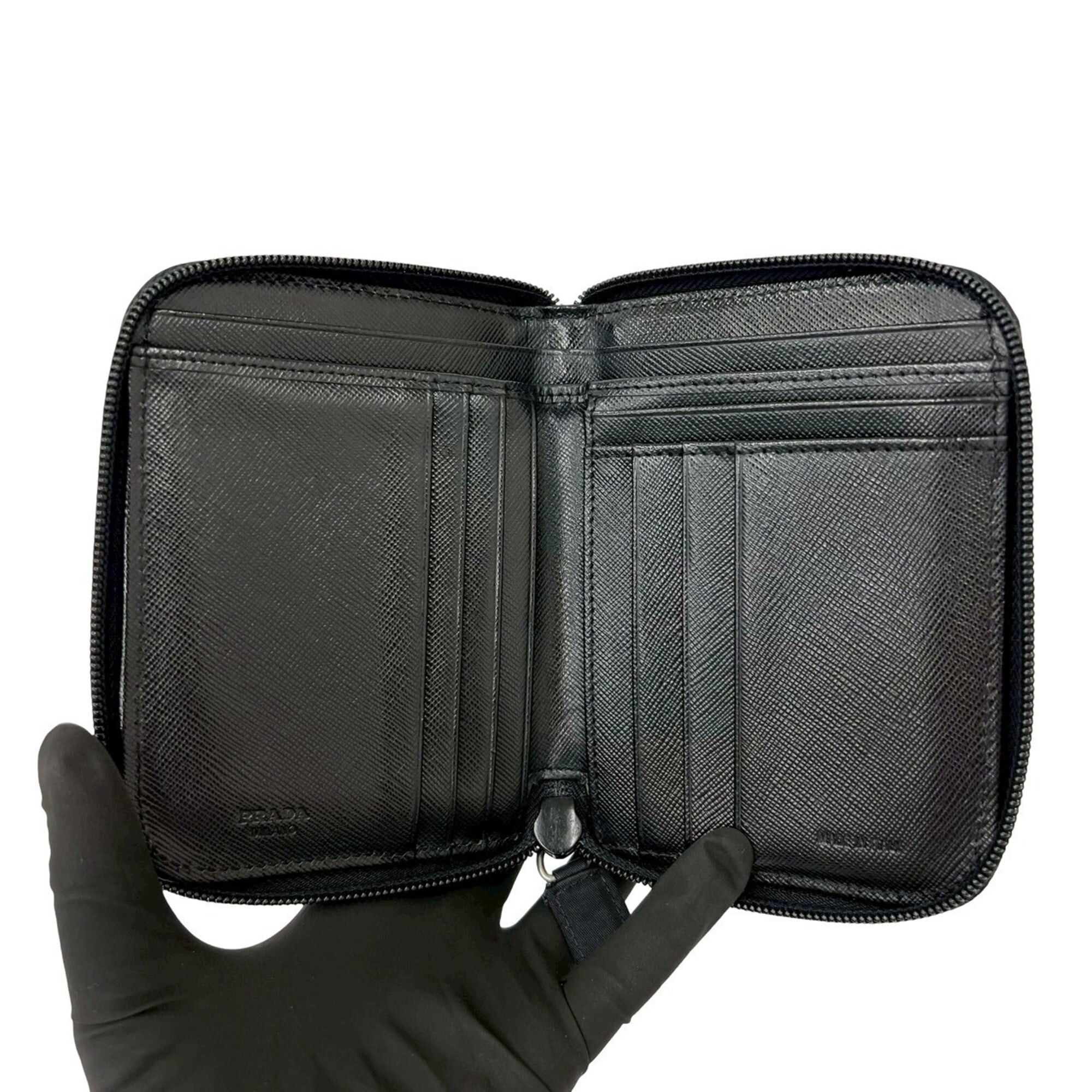Prada PRADA Triangle Logo Hardware Tessuto Nylon Saffiano Leather Round Zip Bi-fold Wallet Black 11683 Size ONE SIZE - 7 Thumbnail