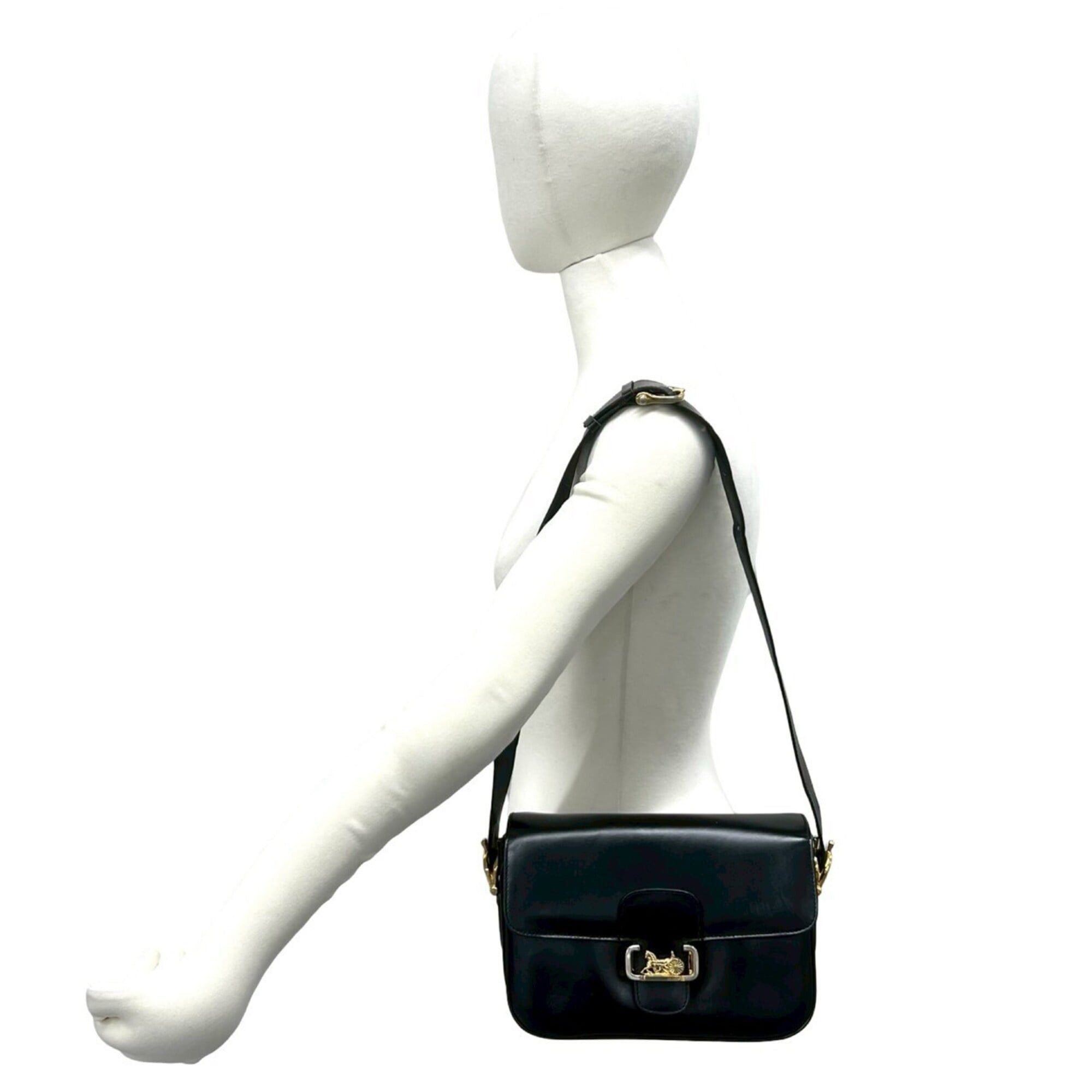Celine CELINE Vintage Logo Carriage Hardware Leather Shoulder Bag Pouch Sacoche Black 251-9 Size ONE SIZE - 2 Thumbnail