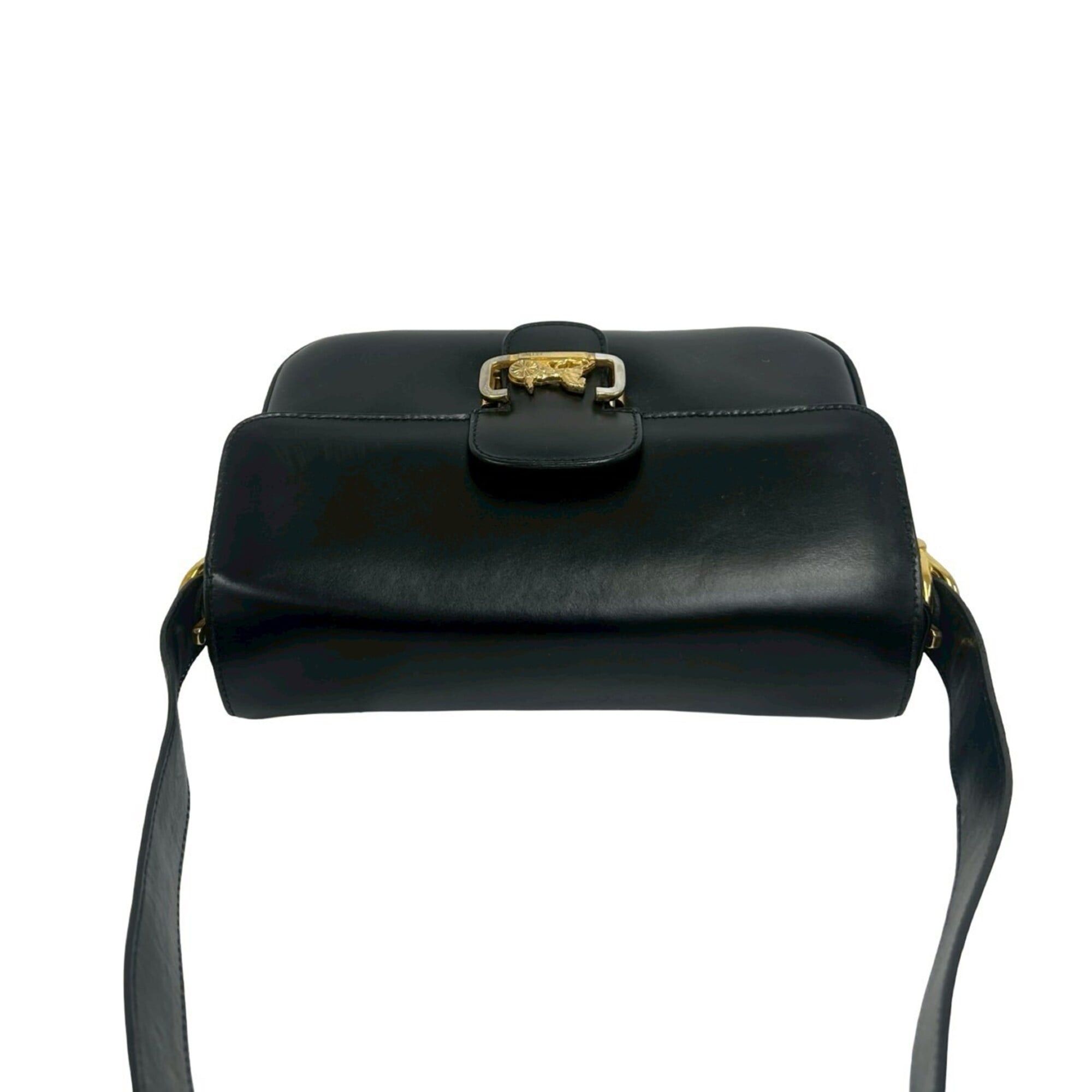 Celine CELINE Vintage Logo Carriage Hardware Leather Shoulder Bag Pouch Sacoche Black 251-9 Size ONE SIZE - 4 Thumbnail