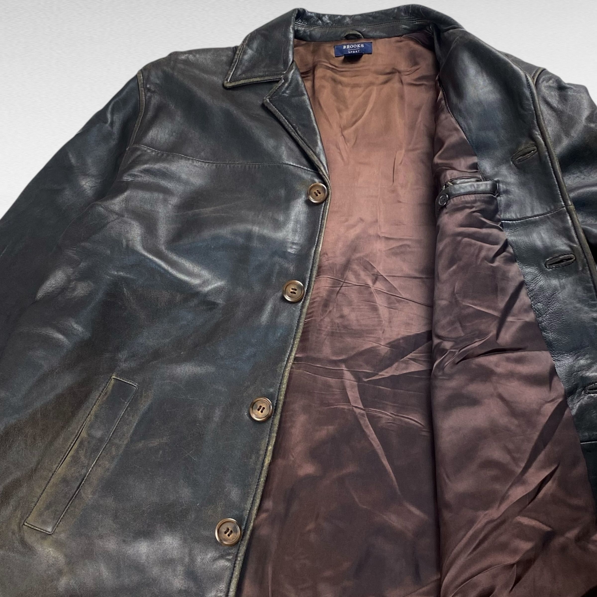 Vintage BROOKS SPORT Open Collar Leather Coat Brown Size L Size US L / EU 52-54 / 3 - 4 Thumbnail