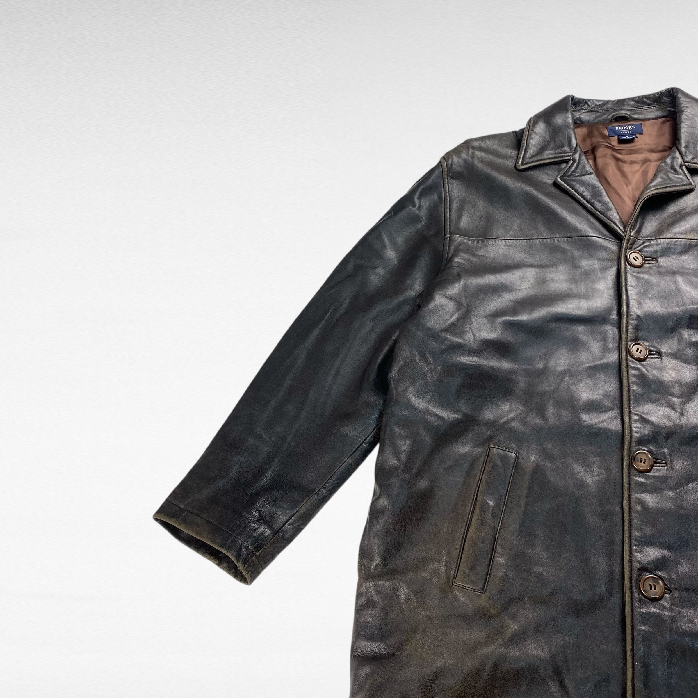 Vintage BROOKS SPORT Open Collar Leather Coat Brown Size L Size US L / EU 52-54 / 3 - 3 Thumbnail