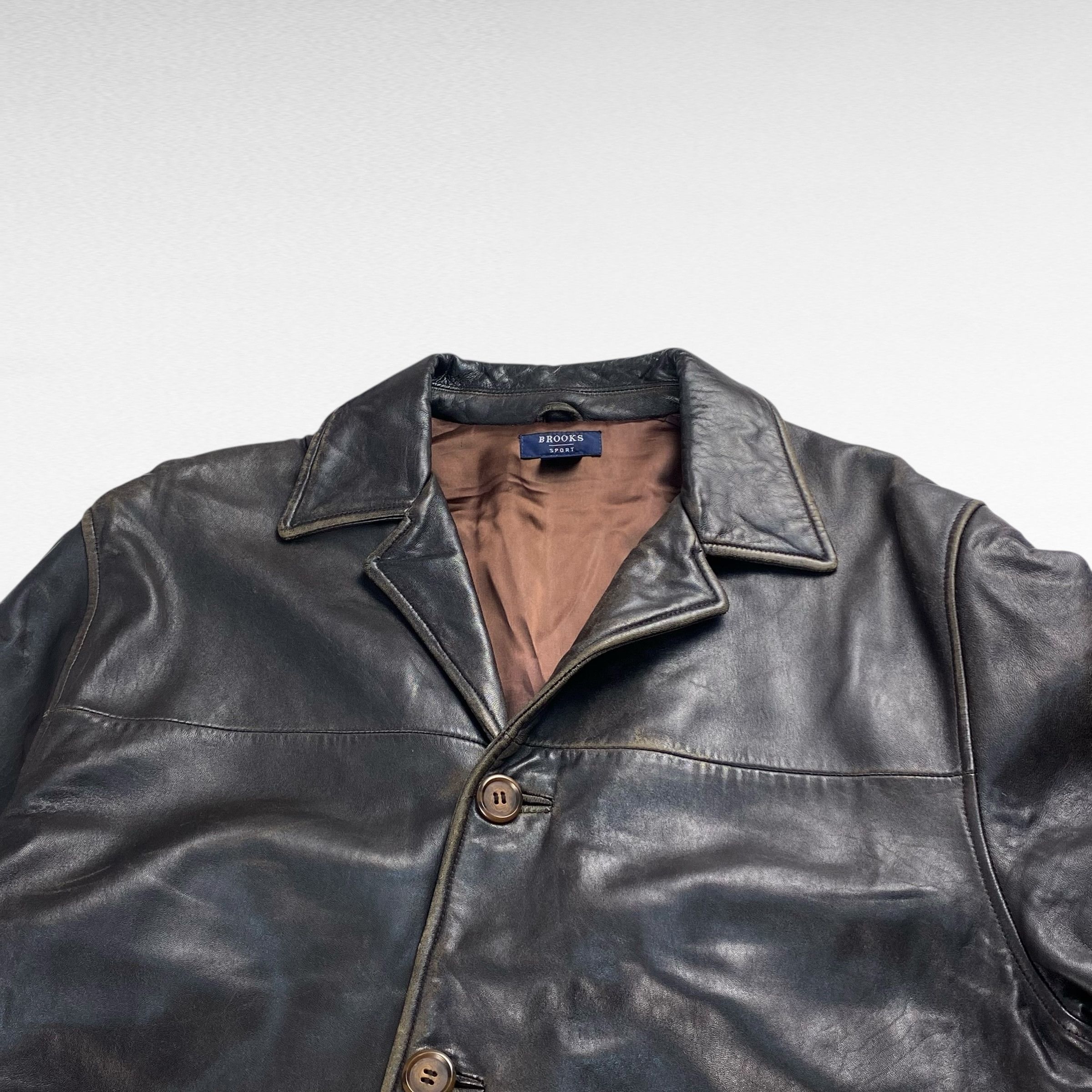 Vintage BROOKS SPORT Open Collar Leather Coat Brown Size L Size US L / EU 52-54 / 3 - 5 Thumbnail