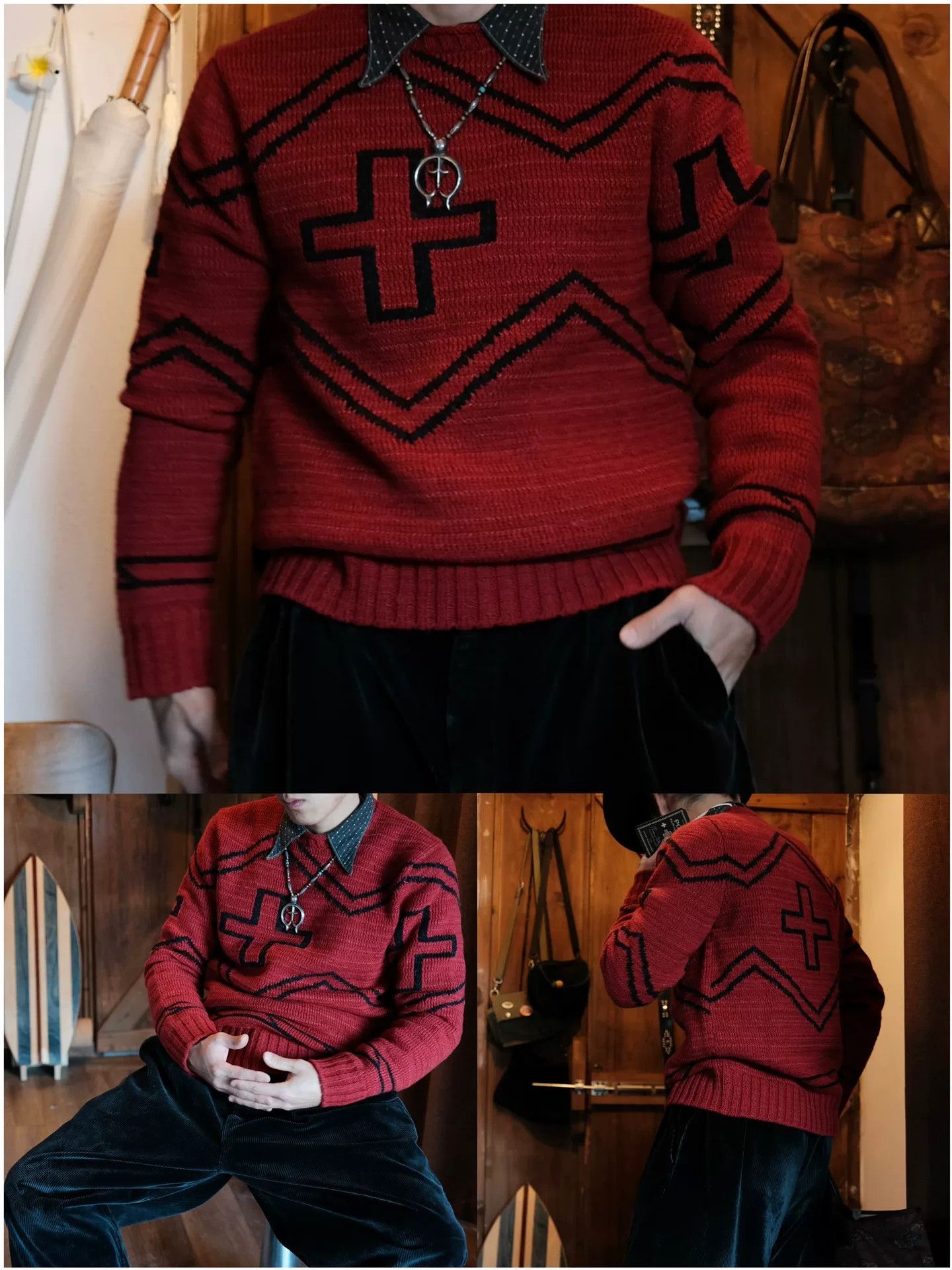 RRL Ralph Lauren PRL x Naiomi Navajo Cross Red Sweater Size US L / EU 52-54 / 3 - 3 Thumbnail
