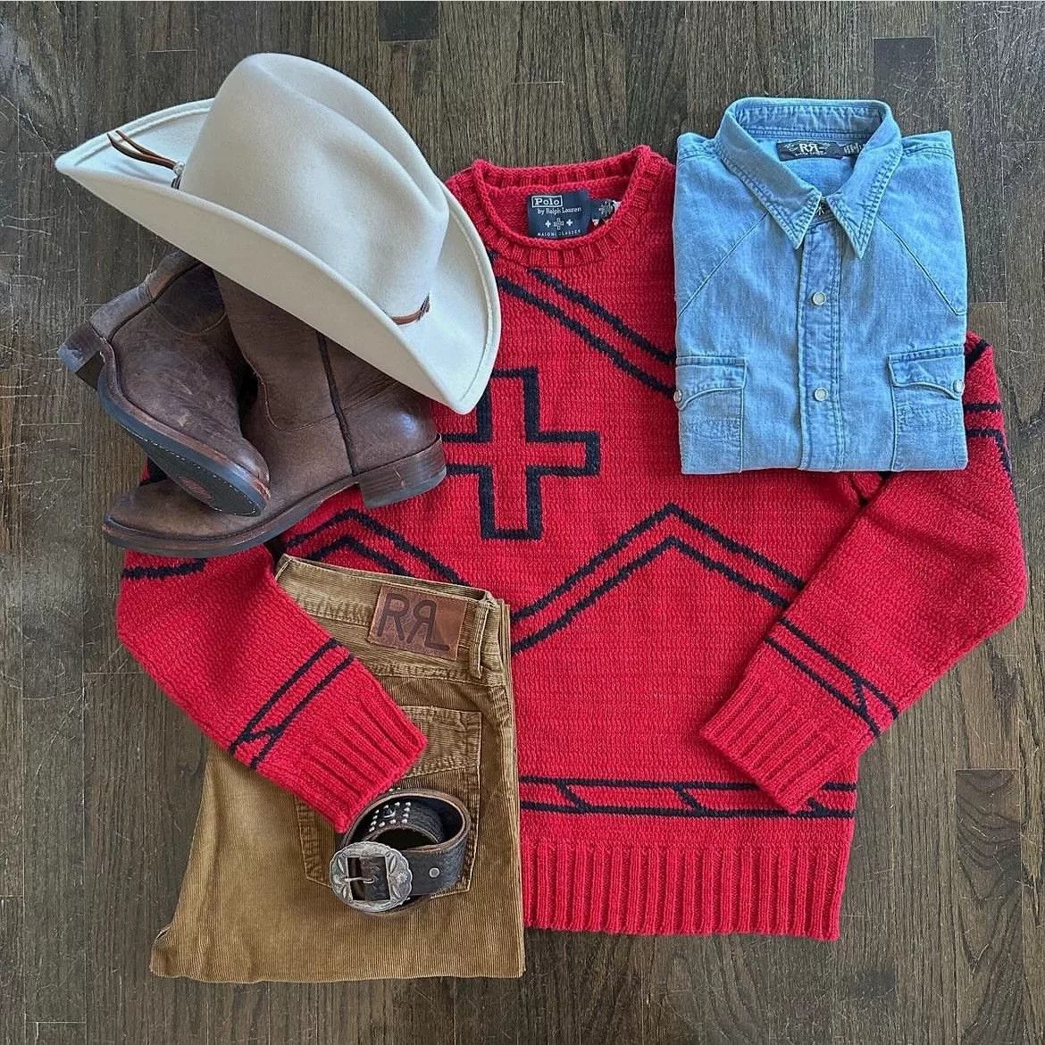 RRL Ralph Lauren PRL x Naiomi Navajo Cross Red Sweater Size US L / EU 52-54 / 3 - 9 Thumbnail