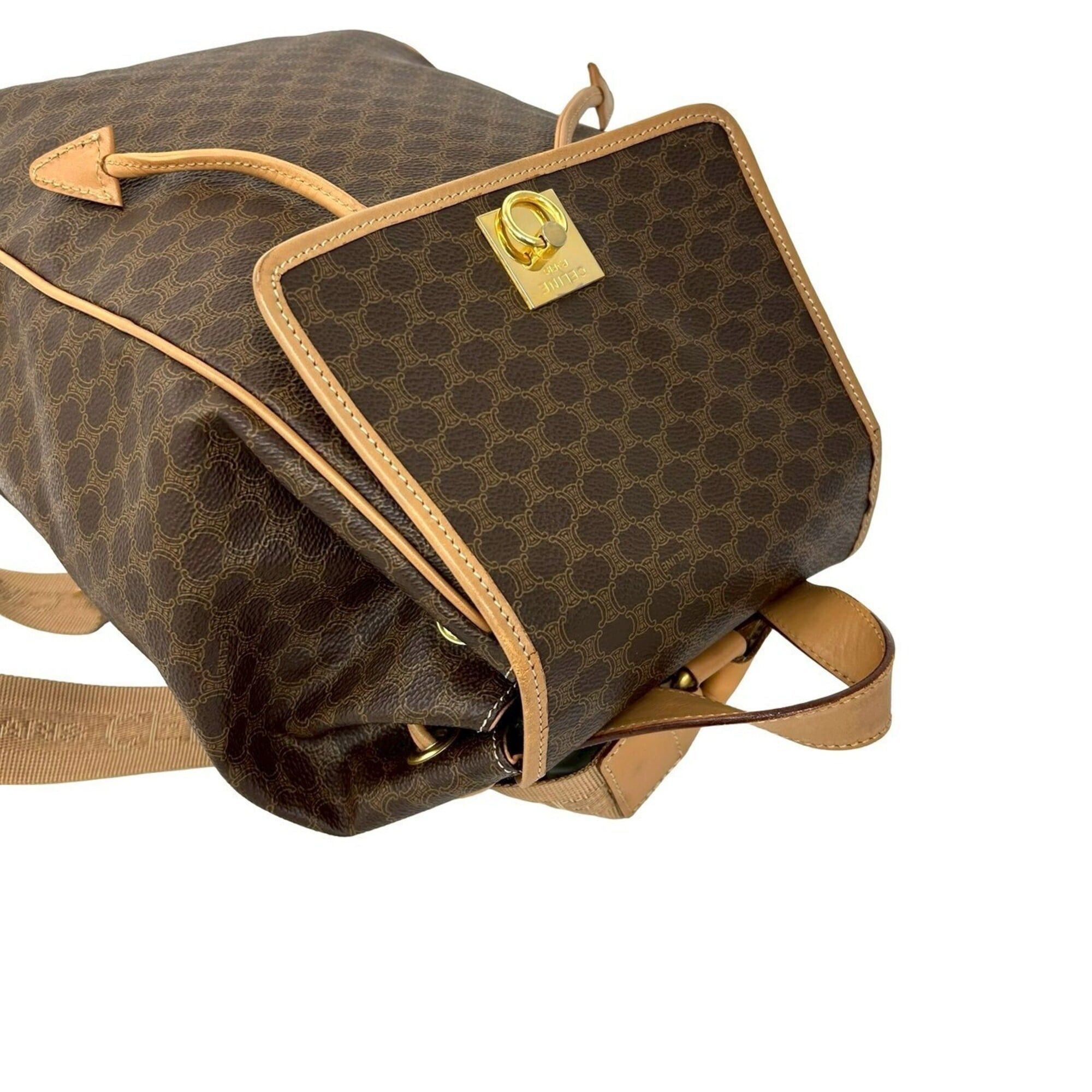 Celine CELINE Vintage Macadam Blazon Triomphe Pattern Leather Backpack with Logo Ring Hardware, Brown, 403-4 Size ONE SIZE - 4 Thumbnail