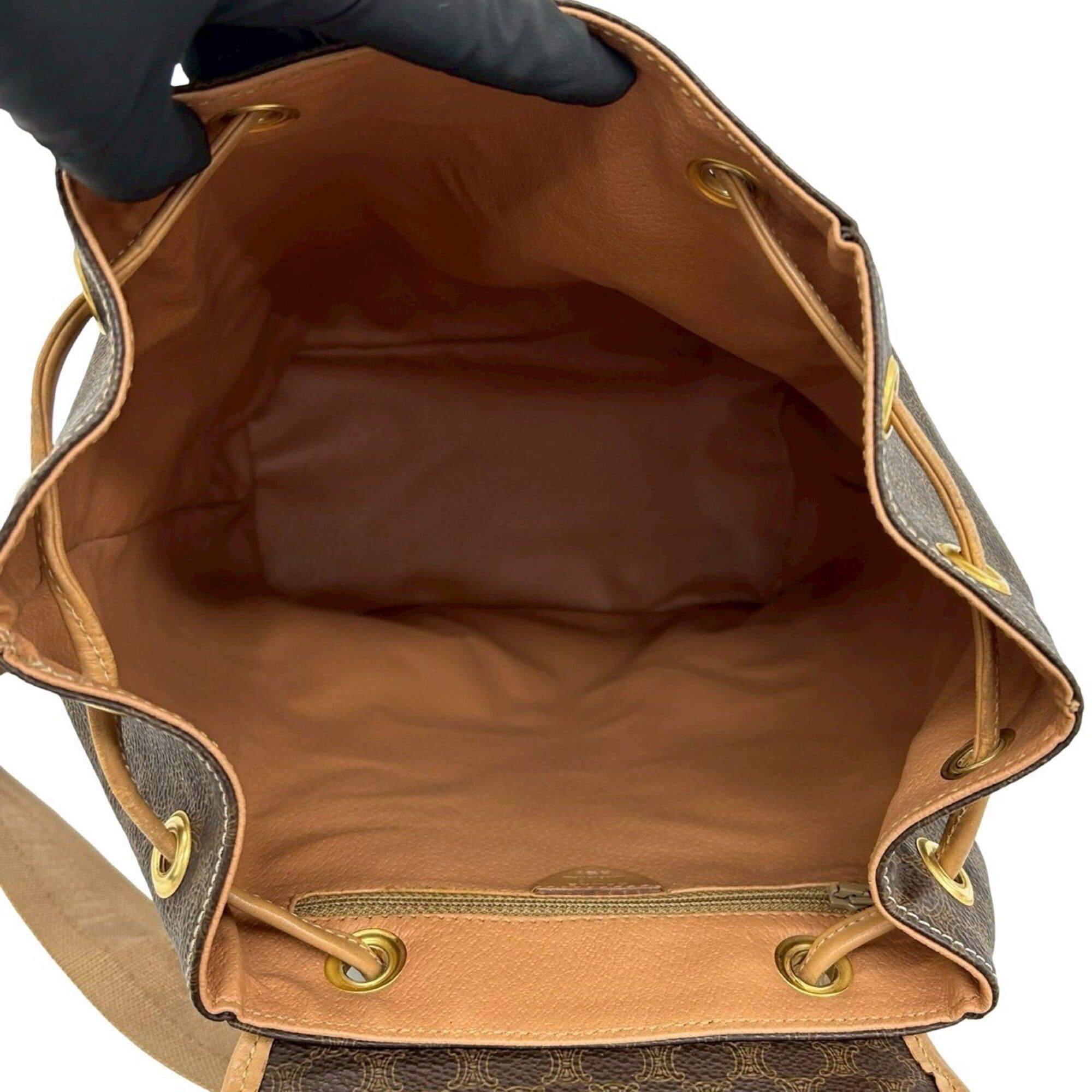 Celine CELINE Vintage Macadam Blazon Triomphe Pattern Leather Backpack with Logo Ring Hardware, Brown, 403-4 Size ONE SIZE - 9 Thumbnail