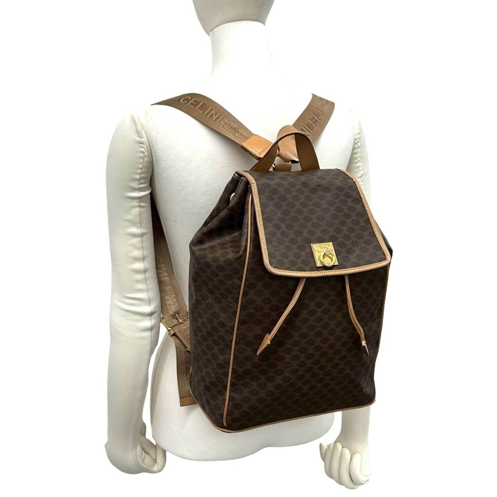 Celine CELINE Vintage Macadam Blazon Triomphe Pattern Leather Backpack with Logo Ring Hardware, Brown, 403-4 Size ONE SIZE - 2 Thumbnail