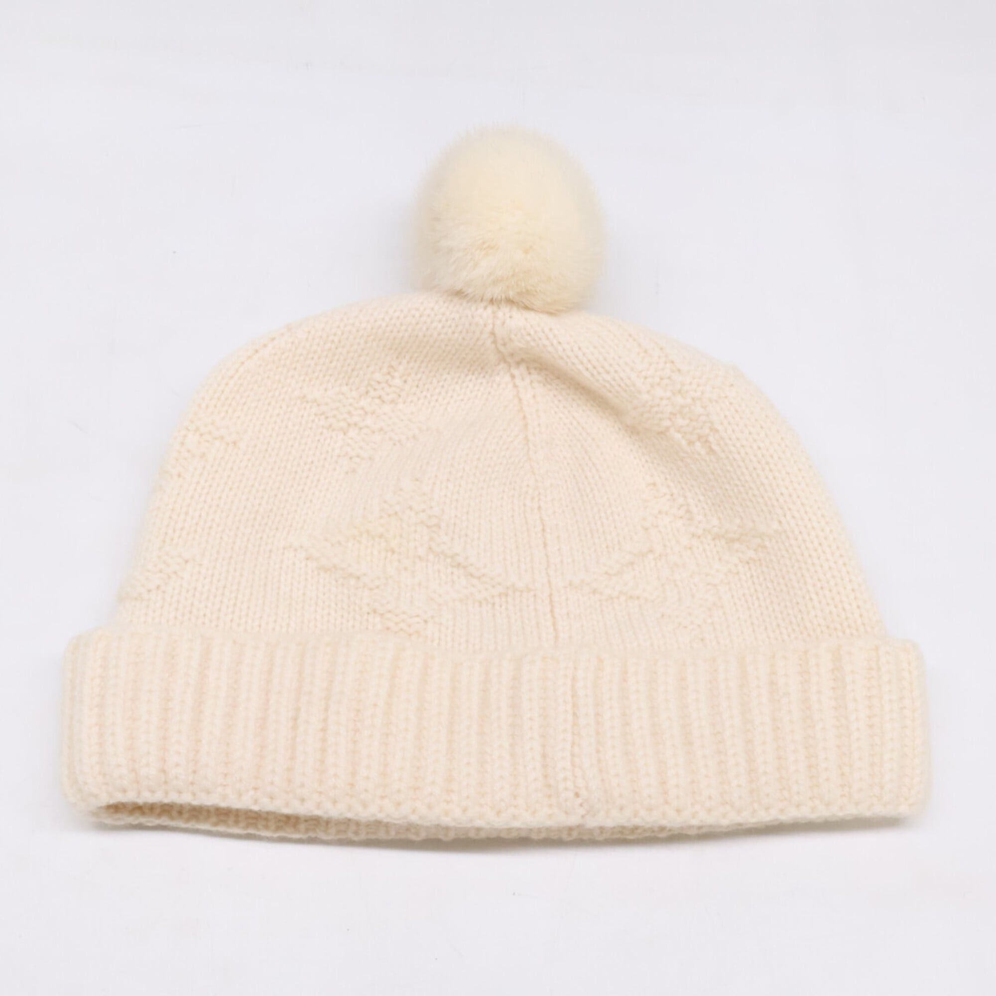 Louis Vuitton LOUIS VUITTON 401910 Logo Mink Fur Cashmere Knit Hat, Ivory, Women's Size ONE SIZE - 5 Thumbnail