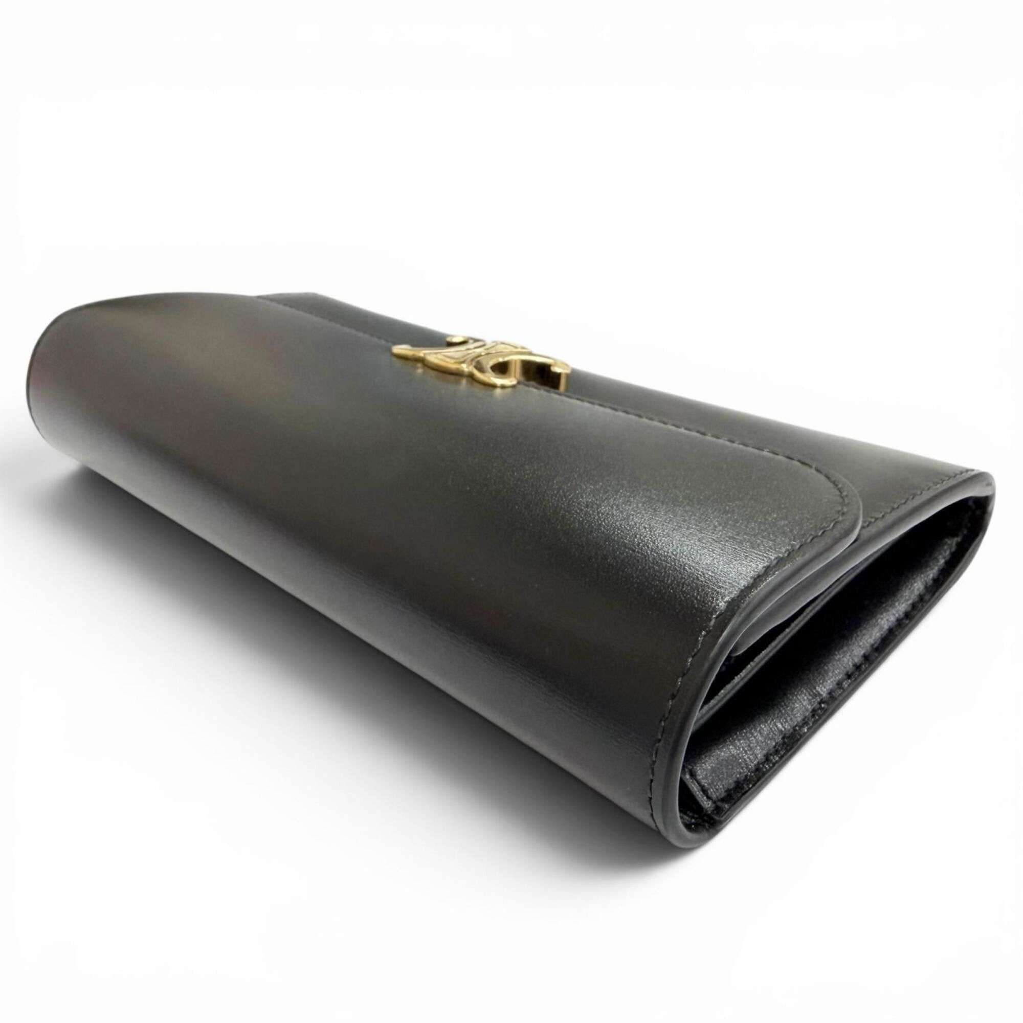 Celine CELINE 10E313DPV Shiny Calfskin Triomphe Flap Large Wallet, Bi-fold Long Black with Gold Hardware, Made in Italy, Women's, Comes Box and Dust Bag. Size ONE SIZE - 4 Thumbnail
