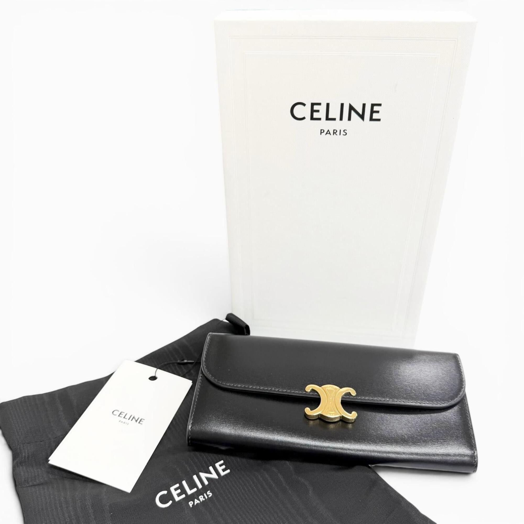 Celine CELINE 10E313DPV Shiny Calfskin Triomphe Flap Large Wallet, Bi-fold Long Black with Gold Hardware, Made in Italy, Women's, Comes Box and Dust Bag. Size ONE SIZE - 2 Thumbnail