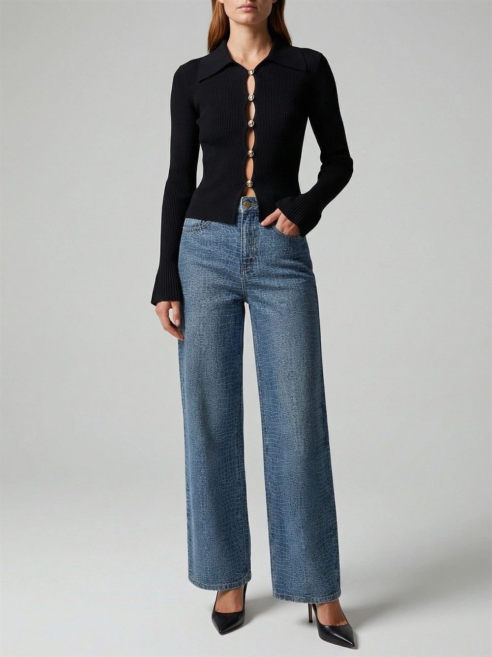 Self-Portrait Croc Effect Wide Leg Jeans Size 25" / US 0 / IT 36 - 2 Thumbnail