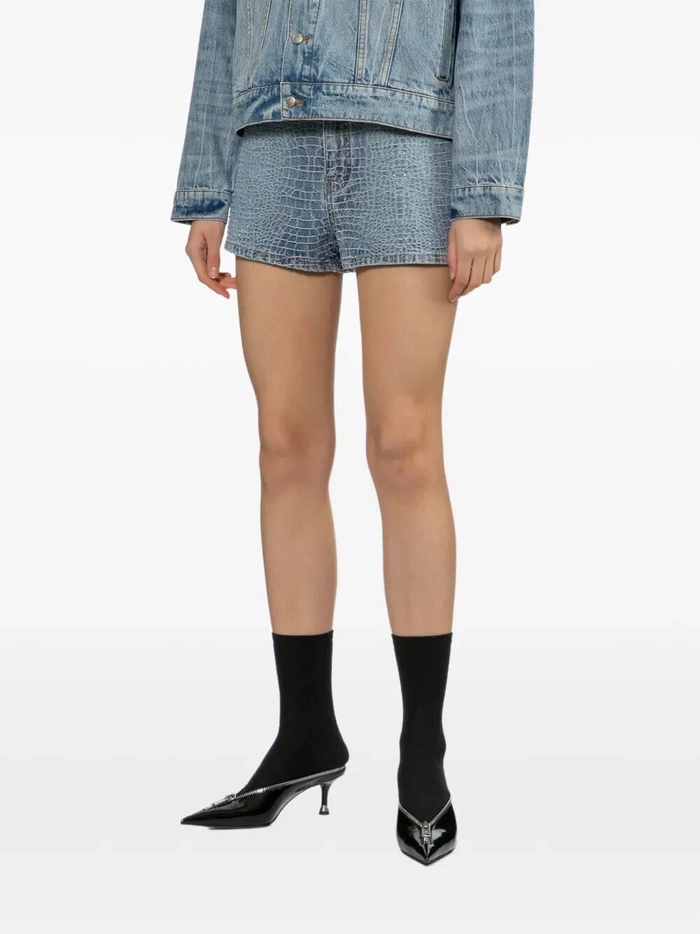 Self-Portrait Croc Effect Denim Shorts Size 27" / US 4 / IT 40 - 5 Thumbnail