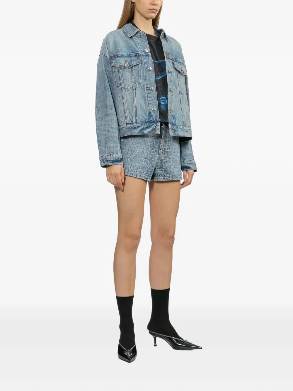 Self-Portrait Croc Effect Denim Shorts Size 27" / US 4 / IT 40 - 2 Thumbnail