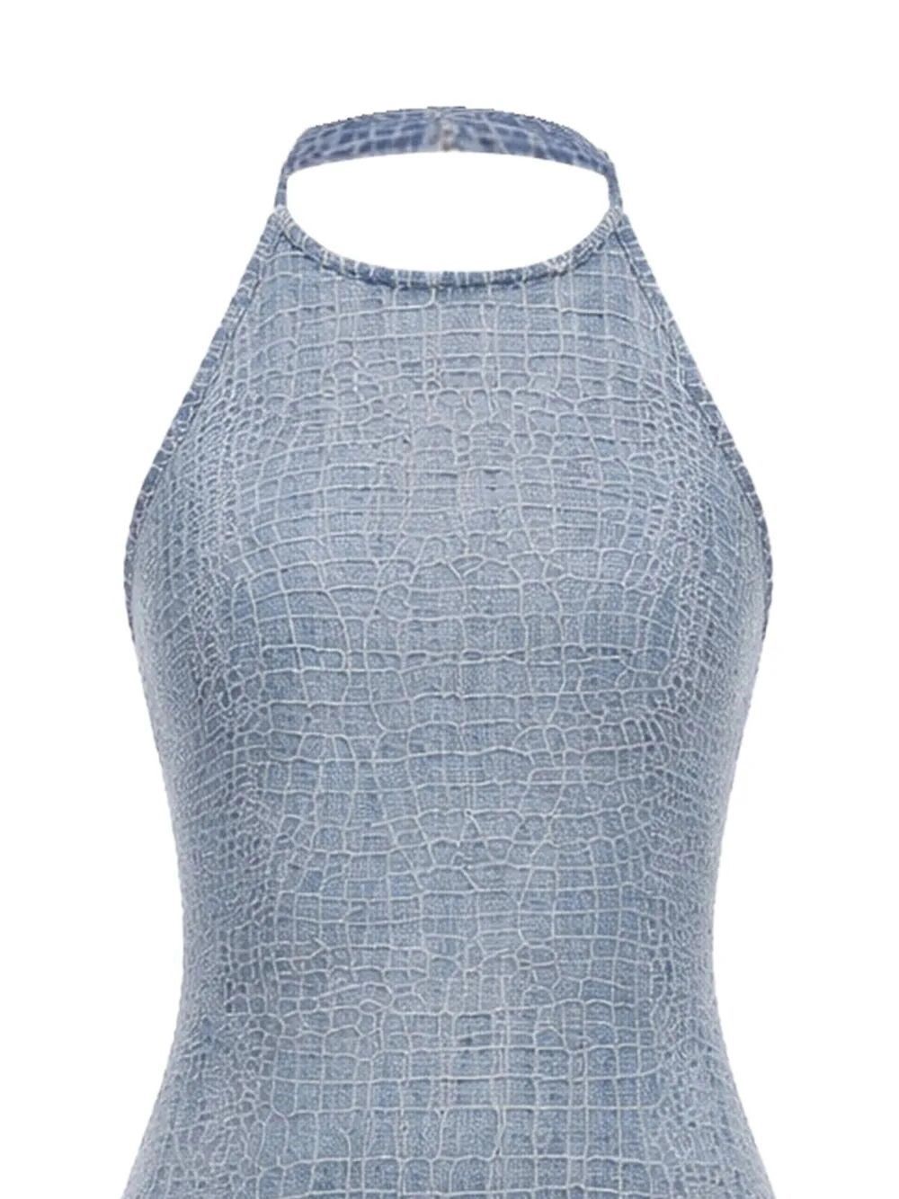 Self-Portrait Rhinestone Croc Effect Denim Mini Dress Size M / US 6-8 / IT 42-44 - 3 Thumbnail