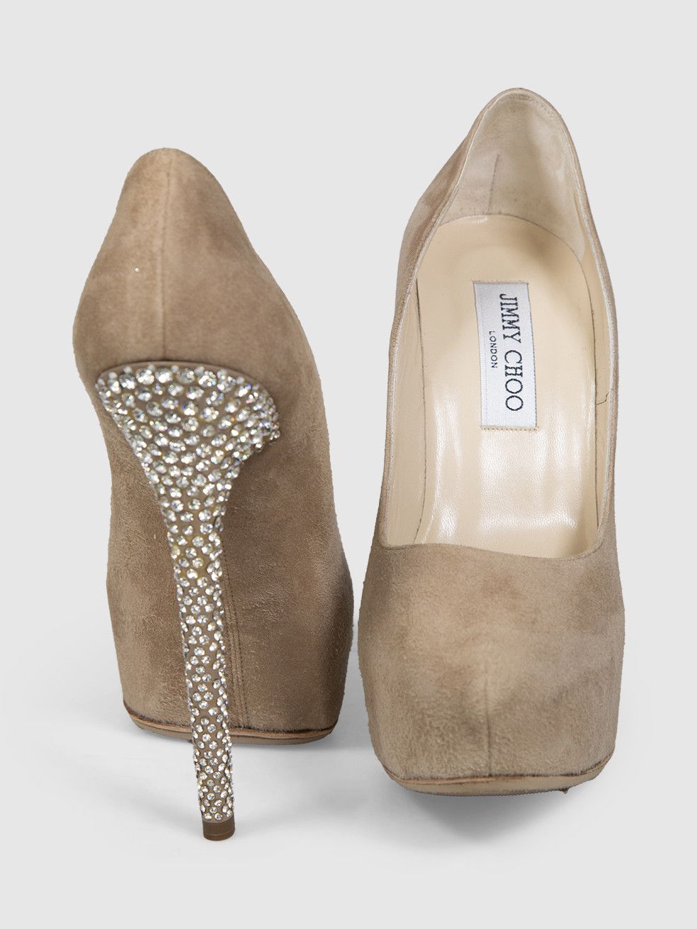 Jimmy Choo Beige Suede Crystal Embellished Heels Size US 8 / IT 38 - 4 Thumbnail