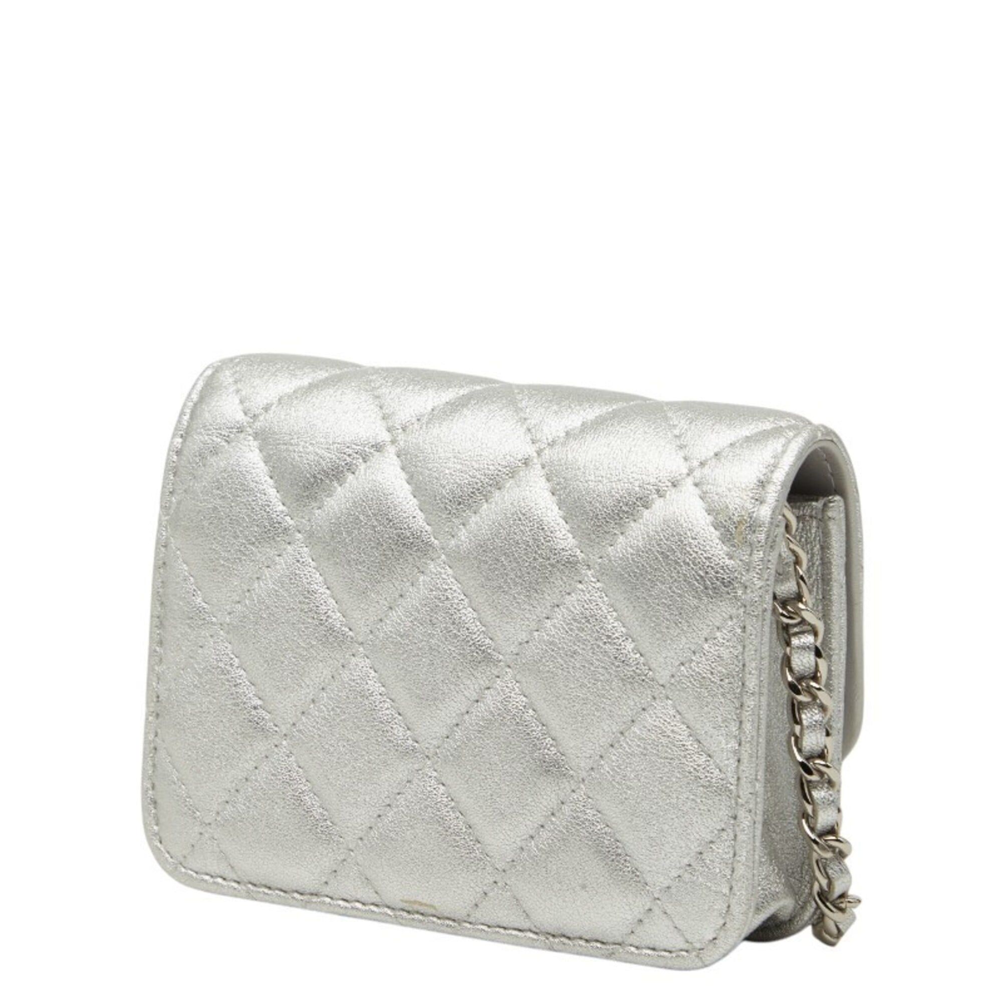 Chanel Chanel Mini Matelassé Coco Mark Chain Shoulder Bag Pouch Silver Leather Women's CHANEL Size ONE SIZE - 2 Thumbnail
