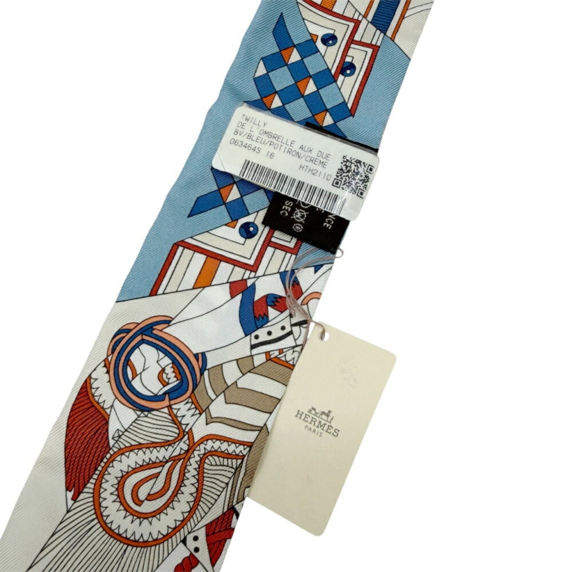 Hermes HERMES Twilly Scarf/Muffler, Silk, DE L’OMBRELLE AUX DUELS VIEUX (Duel with a Branch Umbrella), Blue/Orange, Women's Size ONE SIZE - 5 Thumbnail