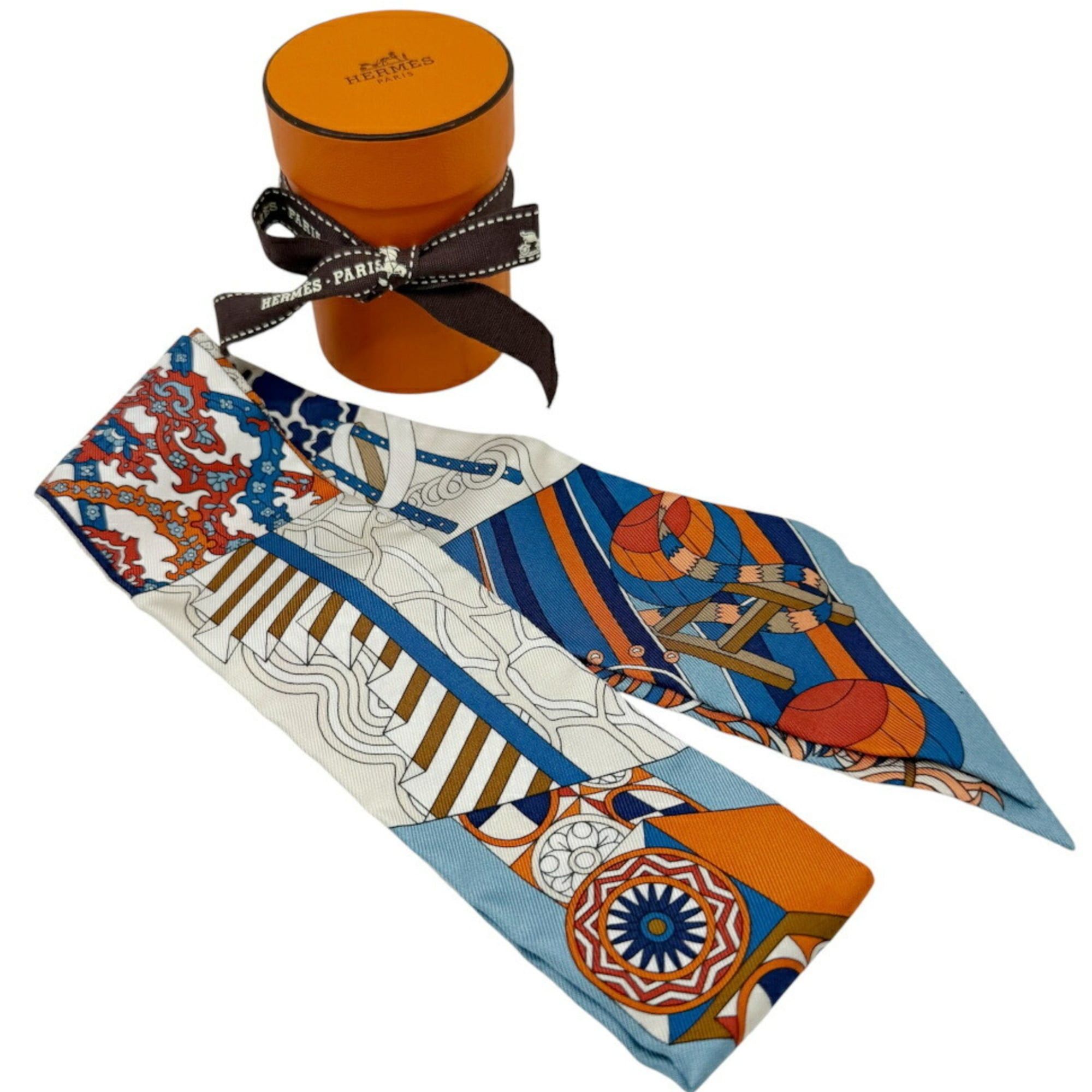 Hermes HERMES Twilly Scarf/Muffler, Silk, DE L’OMBRELLE AUX DUELS VIEUX (Duel with a Branch Umbrella), Blue/Orange, Women's Size ONE SIZE - 6 Thumbnail