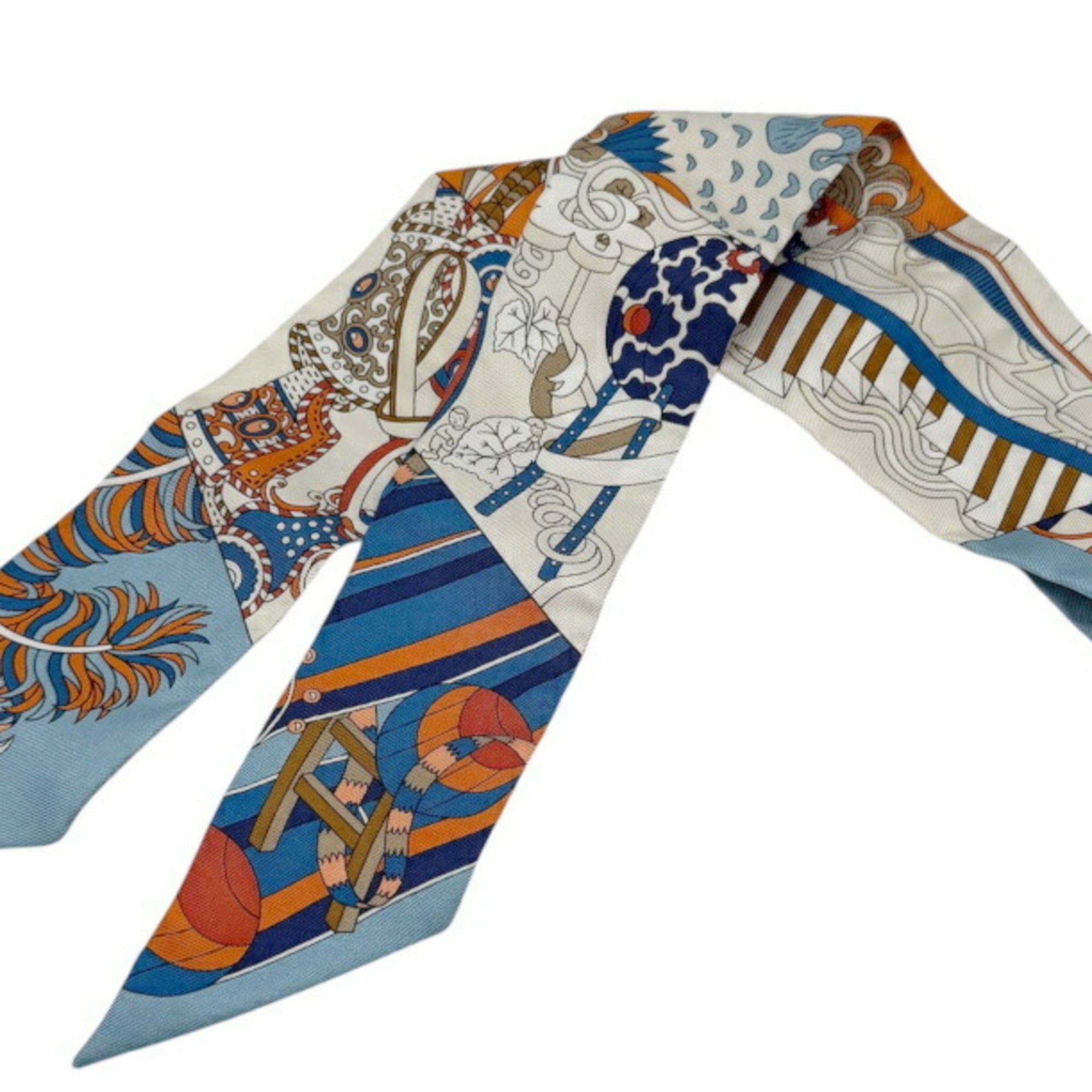 Hermes HERMES Twilly Scarf/Muffler, Silk, DE L’OMBRELLE AUX DUELS VIEUX (Duel with a Branch Umbrella), Blue/Orange, Women's Size ONE SIZE - 3 Thumbnail