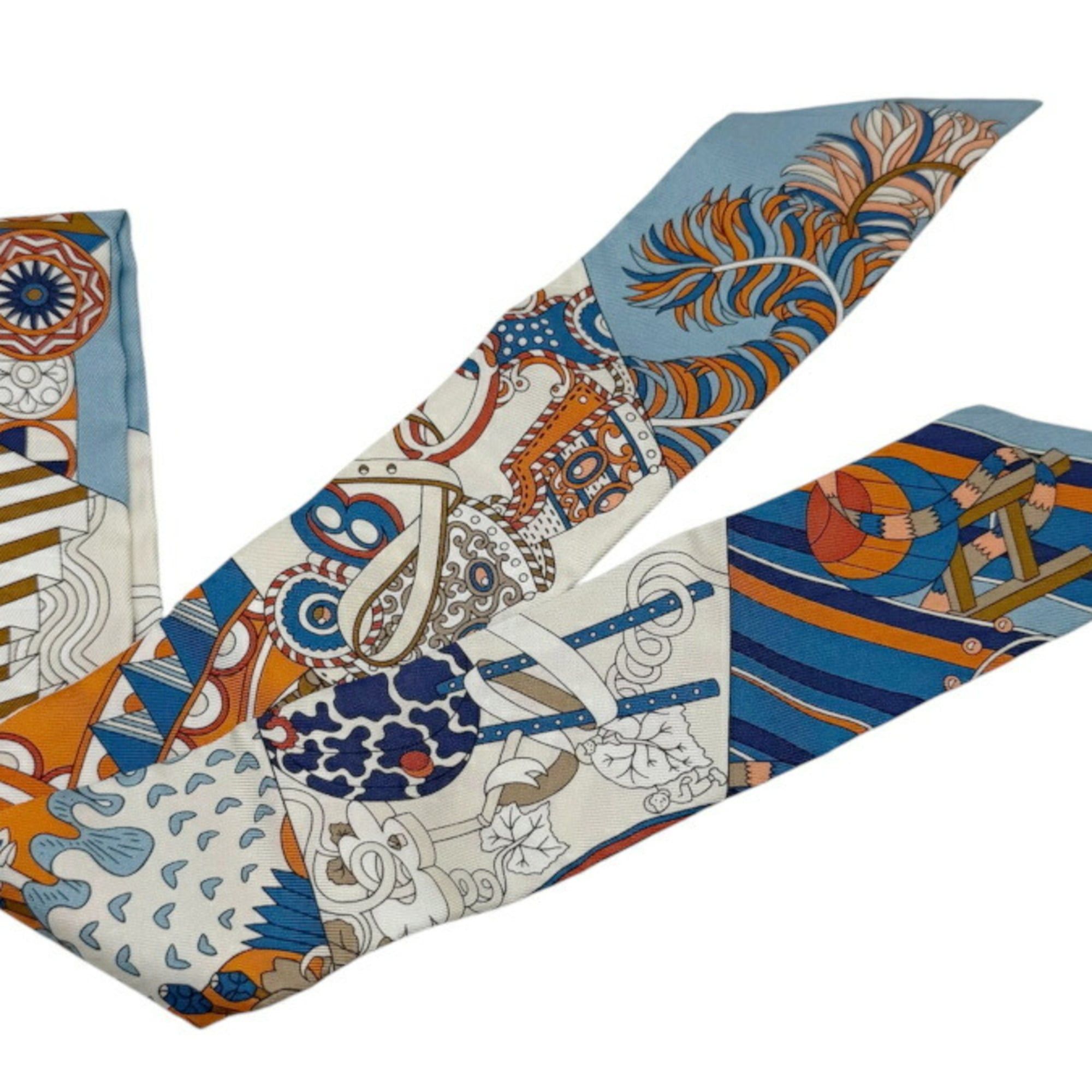 Hermes HERMES Twilly Scarf/Muffler, Silk, DE L’OMBRELLE AUX DUELS VIEUX (Duel with a Branch Umbrella), Blue/Orange, Women's Size ONE SIZE - 2 Thumbnail
