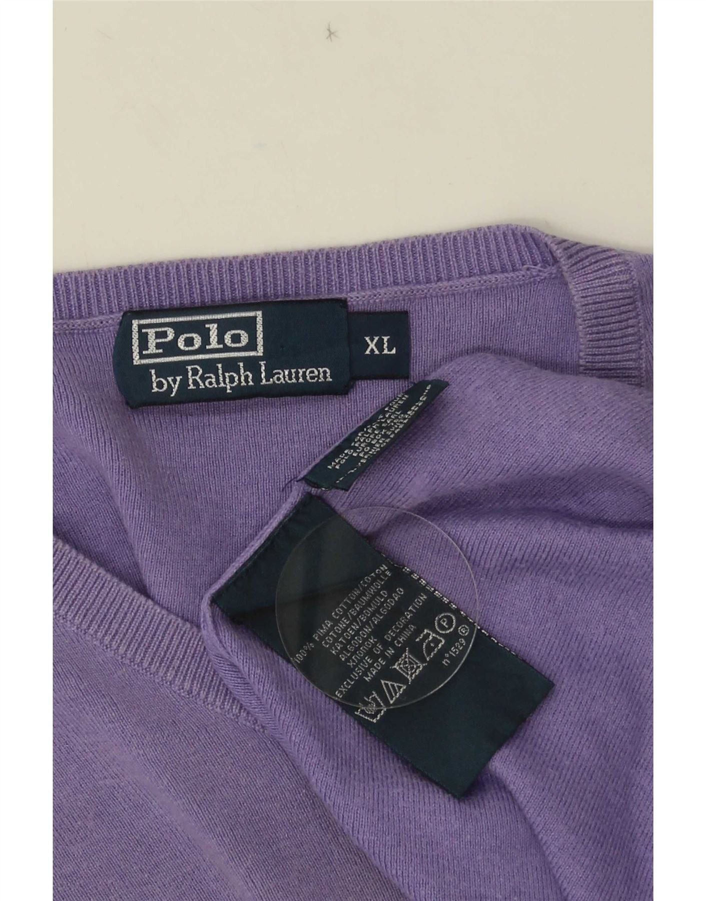 Polo Ralph Lauren Mens V-Neck Jumper Sweater XL Purple Cotton Size US L / EU 52-54 / 3 - 3 Thumbnail