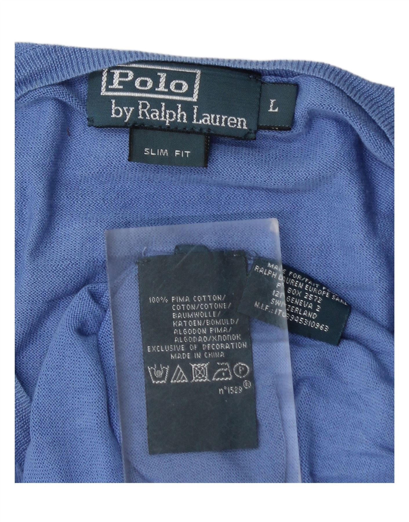 Polo Ralph Lauren Mens Slim Fit V-Neck Jumper Sweater Large Blue Cotton Size US XXL / EU 58 / 5 - 4 Thumbnail
