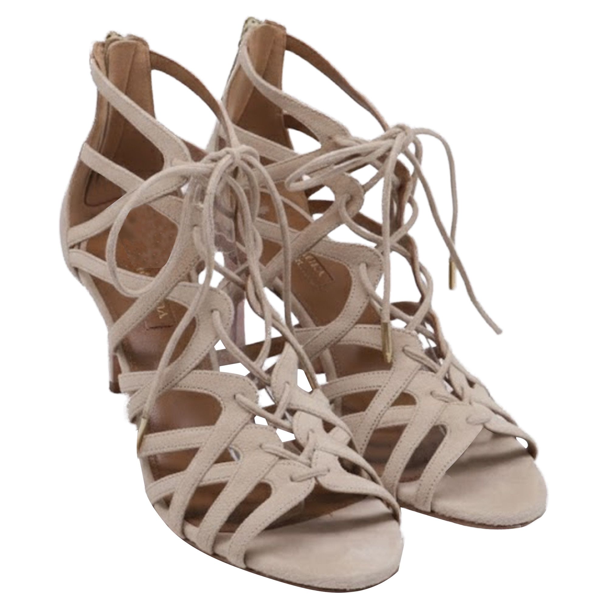 Aquazzura Aquazzura Ivy Lace-Up Sandal Heels in Nude Suede Size US 7.5 / IT 37.5 - 3 Thumbnail