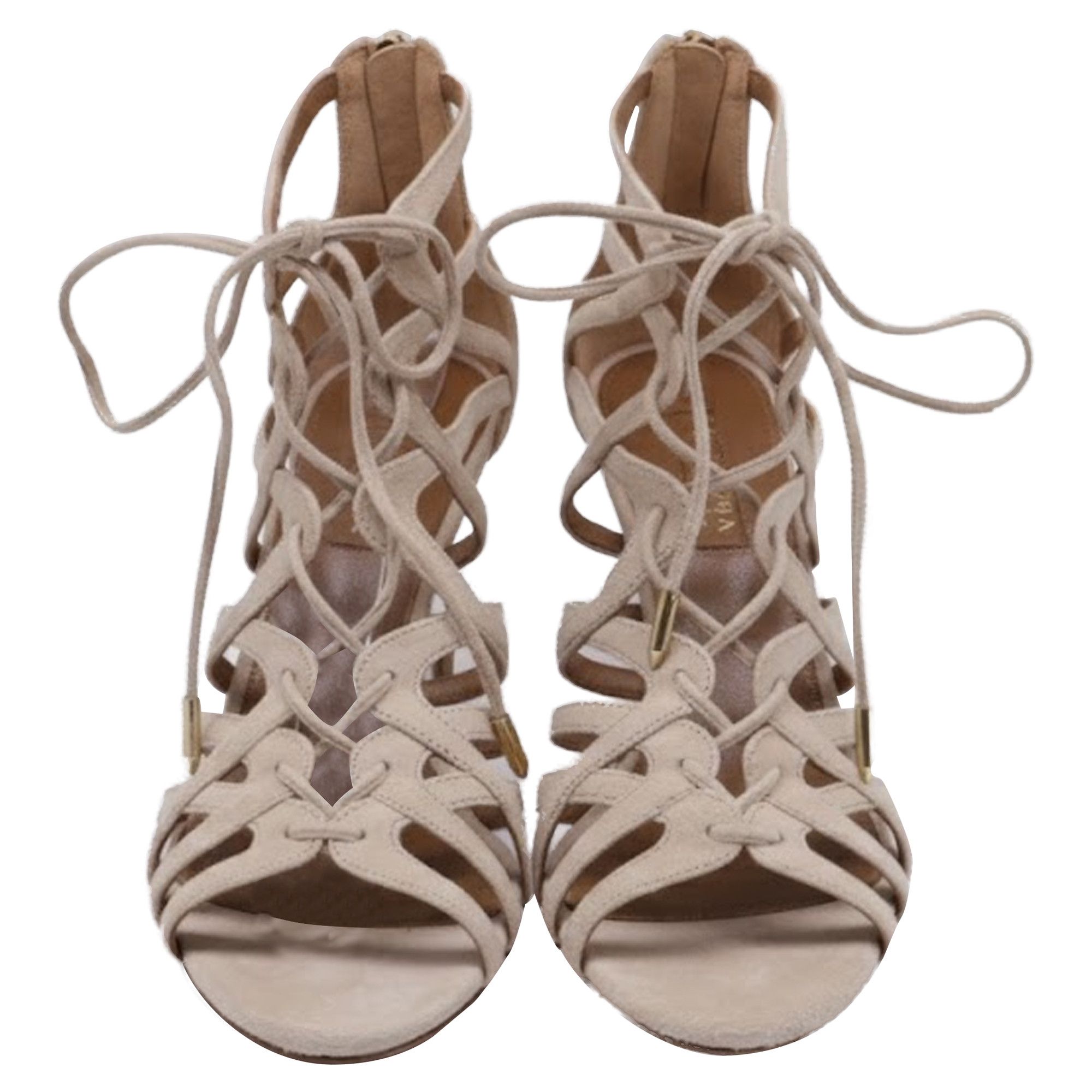 Aquazzura Aquazzura Ivy Lace-Up Sandal Heels in Nude Suede Size US 7.5 / IT 37.5 - 2 Thumbnail