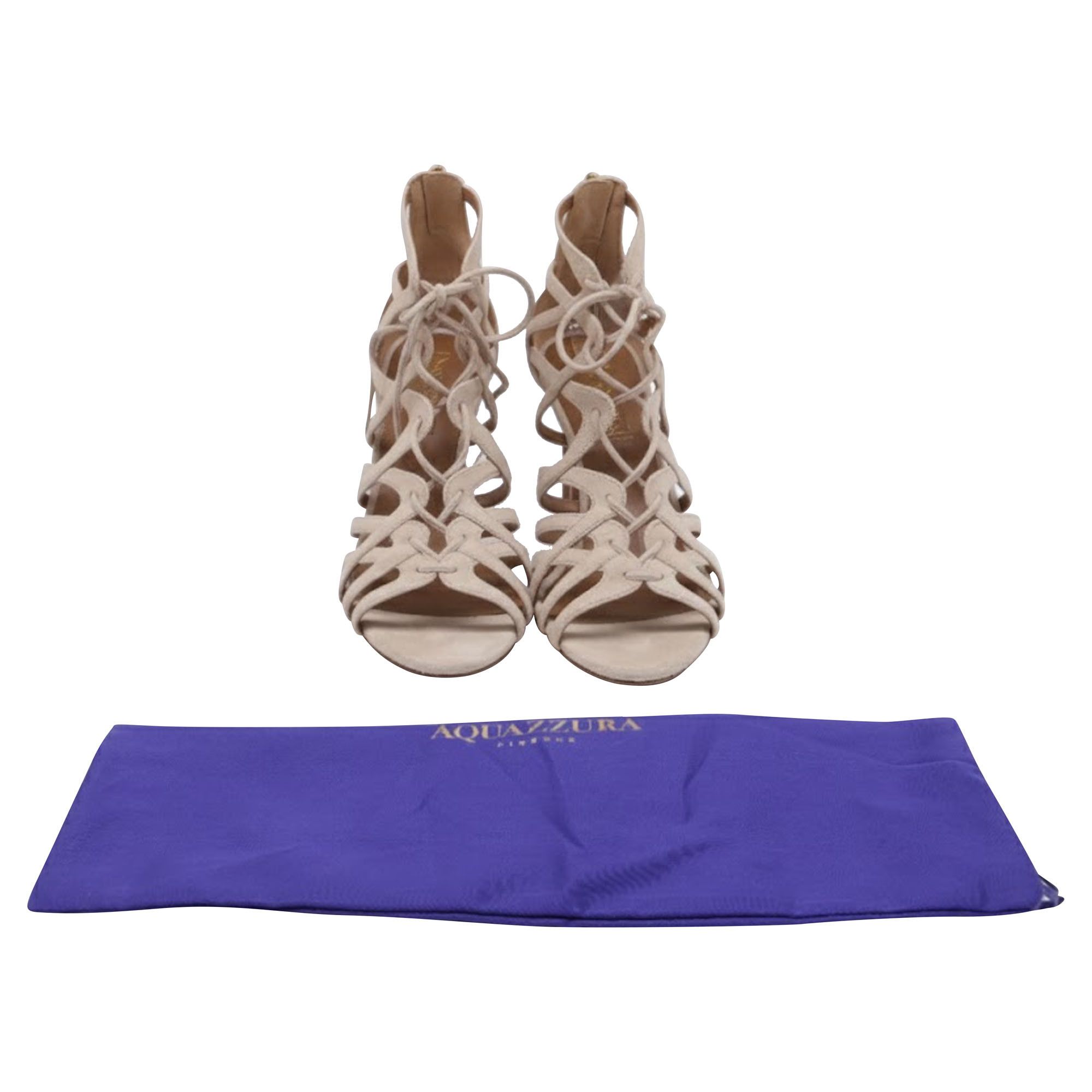 Aquazzura Aquazzura Ivy Lace-Up Sandal Heels in Nude Suede Size US 7.5 / IT 37.5 - 8 Thumbnail