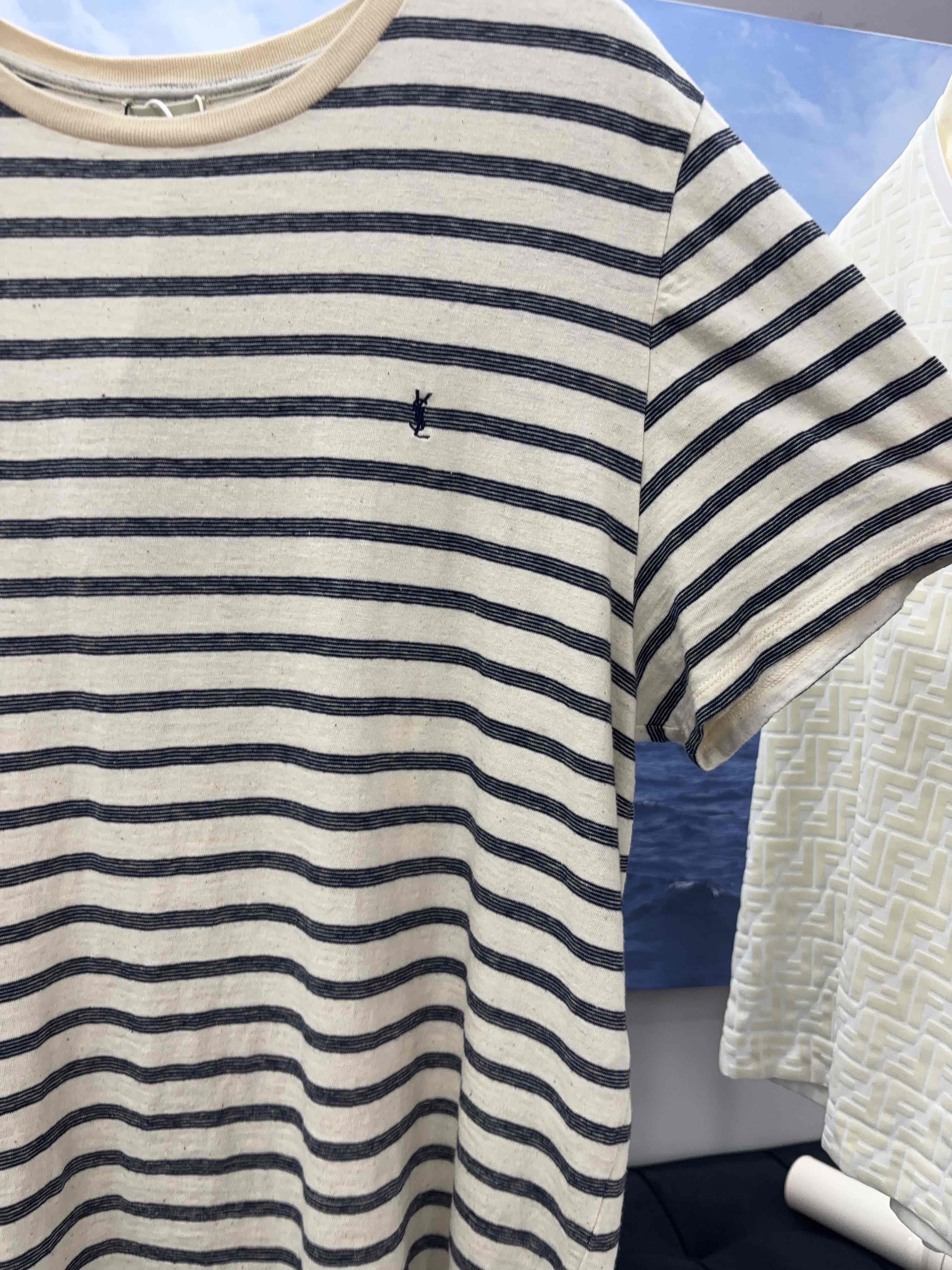Saint Laurent Paris Saint Laurent Striped Embroidered Logo T-Shirt Size XXL Size US XXL / EU 58 / 5 - 8 Thumbnail