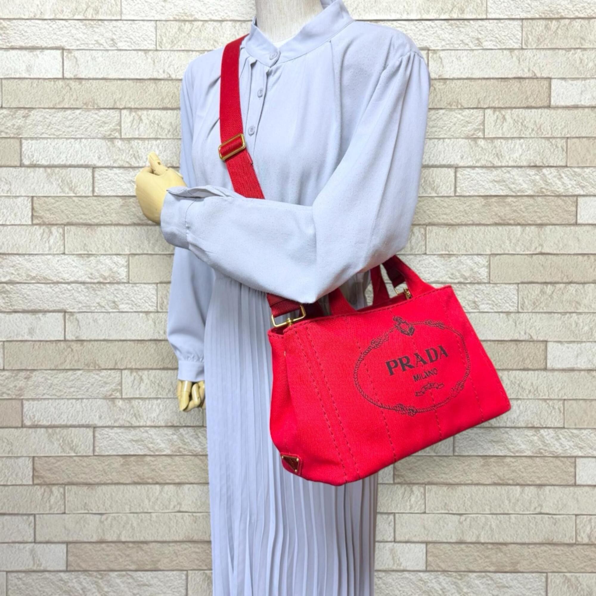 Prada Prada Canapa Tote SS Shoulder Bag, Canvas B2439G Red, Women's, PRADA 2-way Size ONE SIZE - 2 Thumbnail