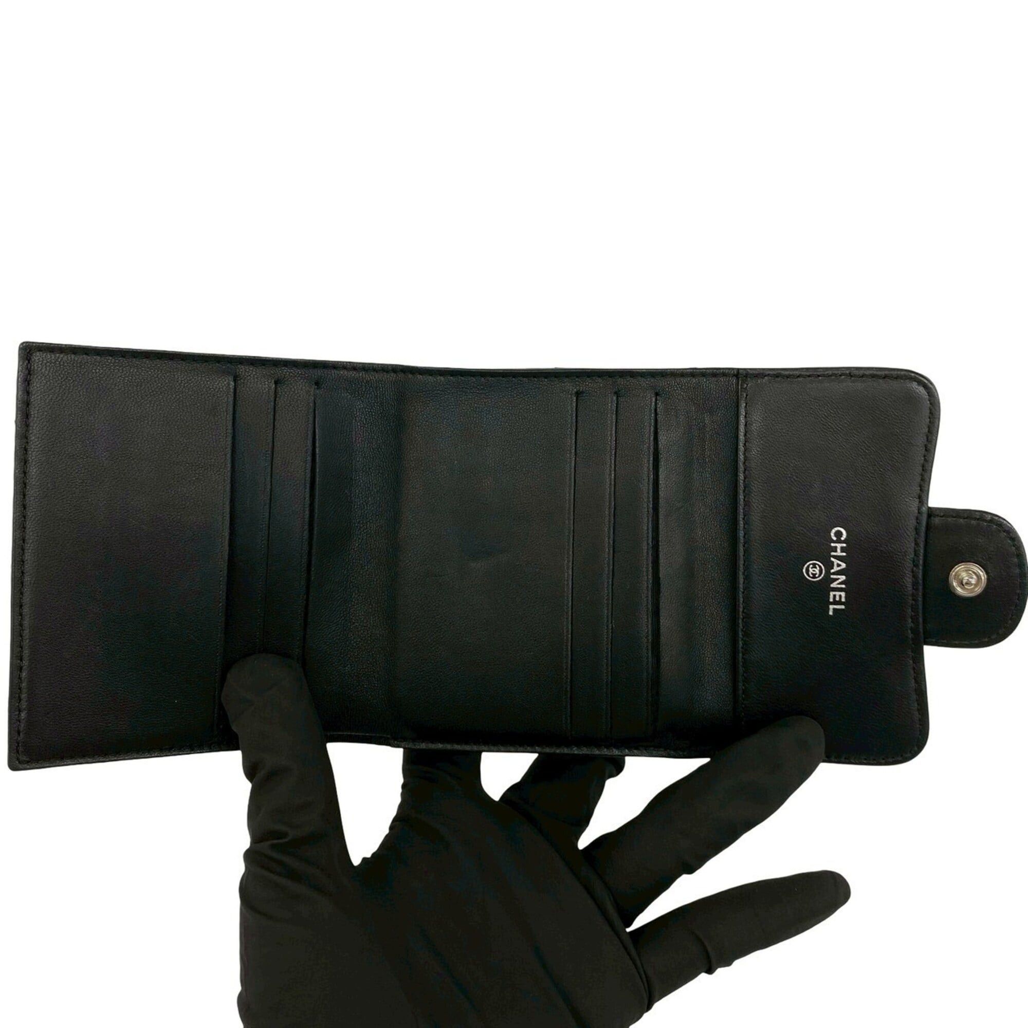 Chanel CHANEL Matelassé Coco Mark Lambskin Leather Tri-fold Wallet, Black, 28341 Size ONE SIZE - 7 Thumbnail