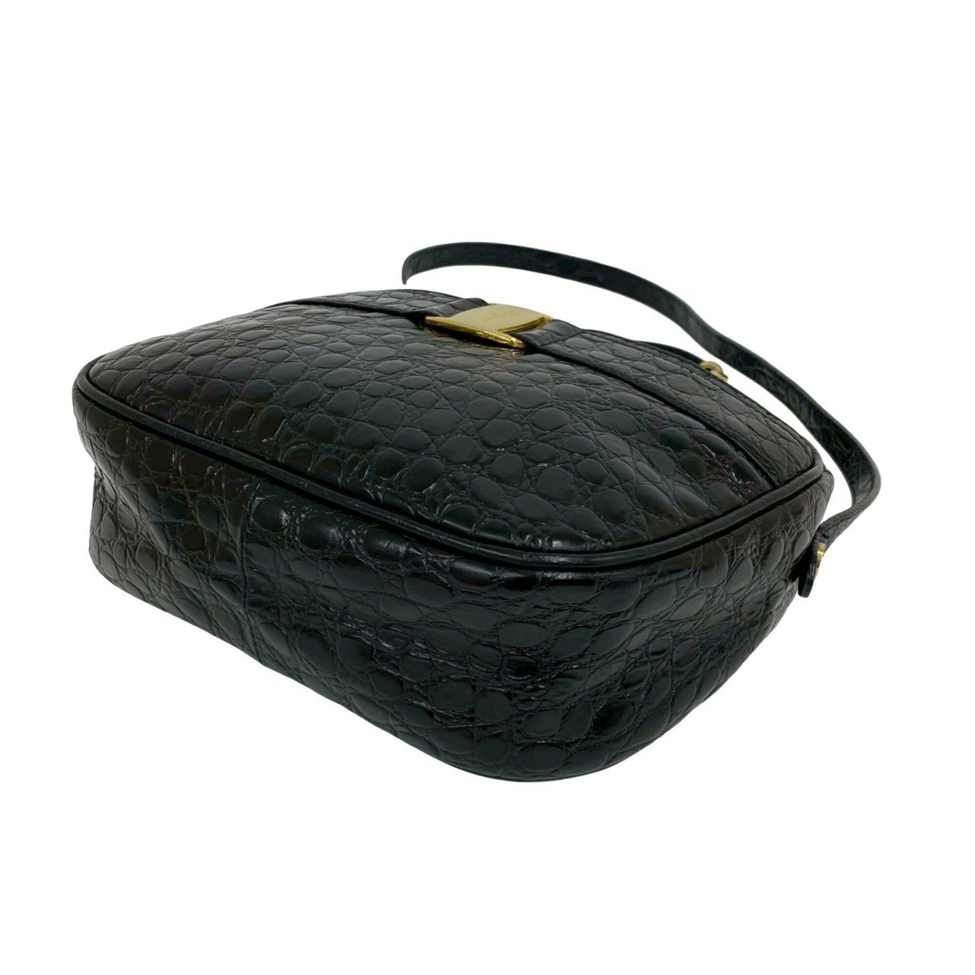 Salvatore Ferragamo Salvatore Ferragamo Vintage Vara Leather Semi-Shoulder Bag with Hardware, Black, 73909 Size ONE SIZE - 8 Thumbnail