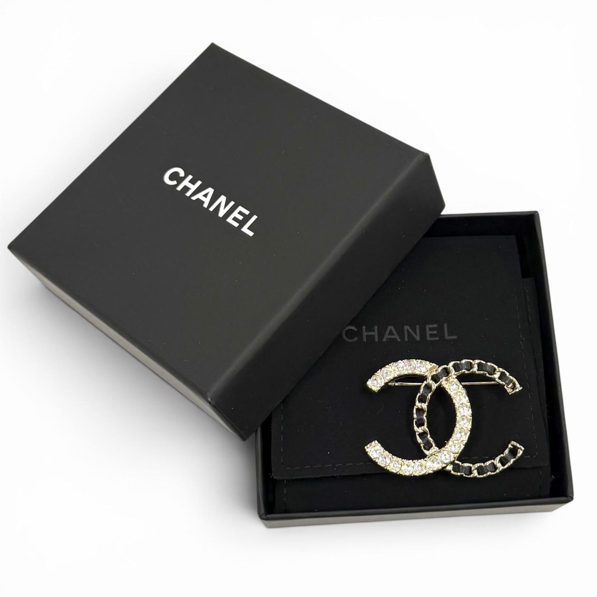 Chanel CHANEL A25B Coco Mark Rhinestone Leather Chain Brooch, Gold and Black, Made in France, Women's, with Box Dust Bag. Size ONE SIZE - 2 Thumbnail