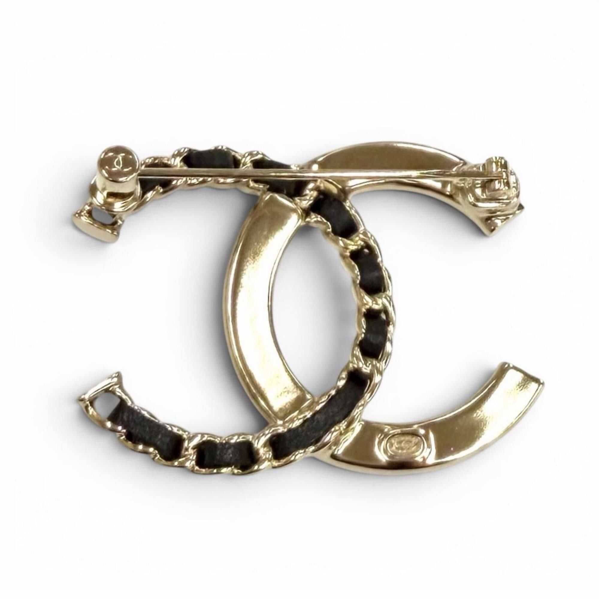 Chanel CHANEL A25B Coco Mark Rhinestone Leather Chain Brooch, Gold and Black, Made in France, Women's, with Box Dust Bag. Size ONE SIZE - 3 Thumbnail