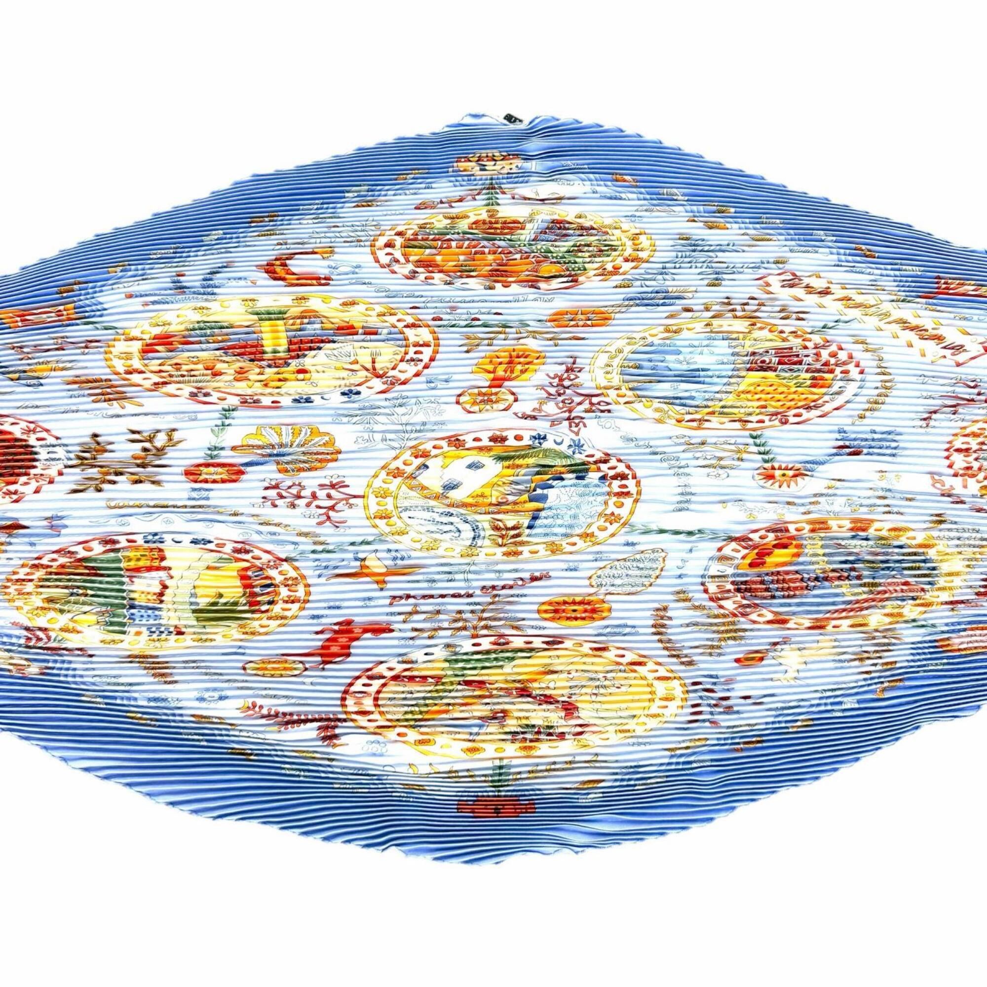 Hermes HERMES Carre 90 Escales Mediterraneennes (Mediterranean port towns) 100% Silk Diamond-shaped Pleated Scarf/Muffler, Blue, Women's, with Box. Size ONE SIZE - 3 Thumbnail