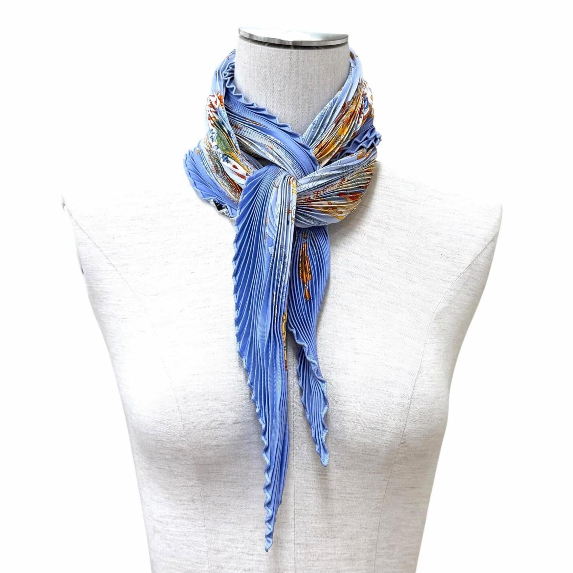 Hermes HERMES Carre 90 Escales Mediterraneennes (Mediterranean port towns) 100% Silk Diamond-shaped Pleated Scarf/Muffler, Blue, Women's, with Box. Size ONE SIZE - 6 Thumbnail