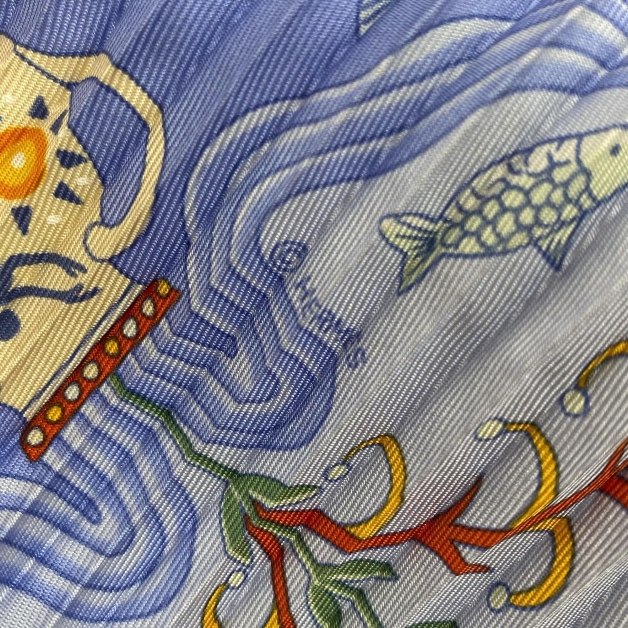 Hermes HERMES Carre 90 Escales Mediterraneennes (Mediterranean port towns) 100% Silk Diamond-shaped Pleated Scarf/Muffler, Blue, Women's, with Box. Size ONE SIZE - 9 Thumbnail