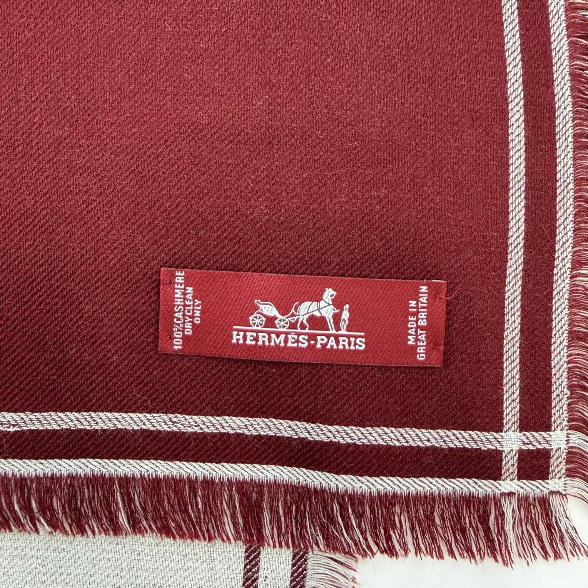 Hermes HERMES Carre Geant 100% Cashmere Fringe Large Shawl Scarf/Muffler Bordeaux Off-White Made in England Women's Size ONE SIZE - 6 Thumbnail