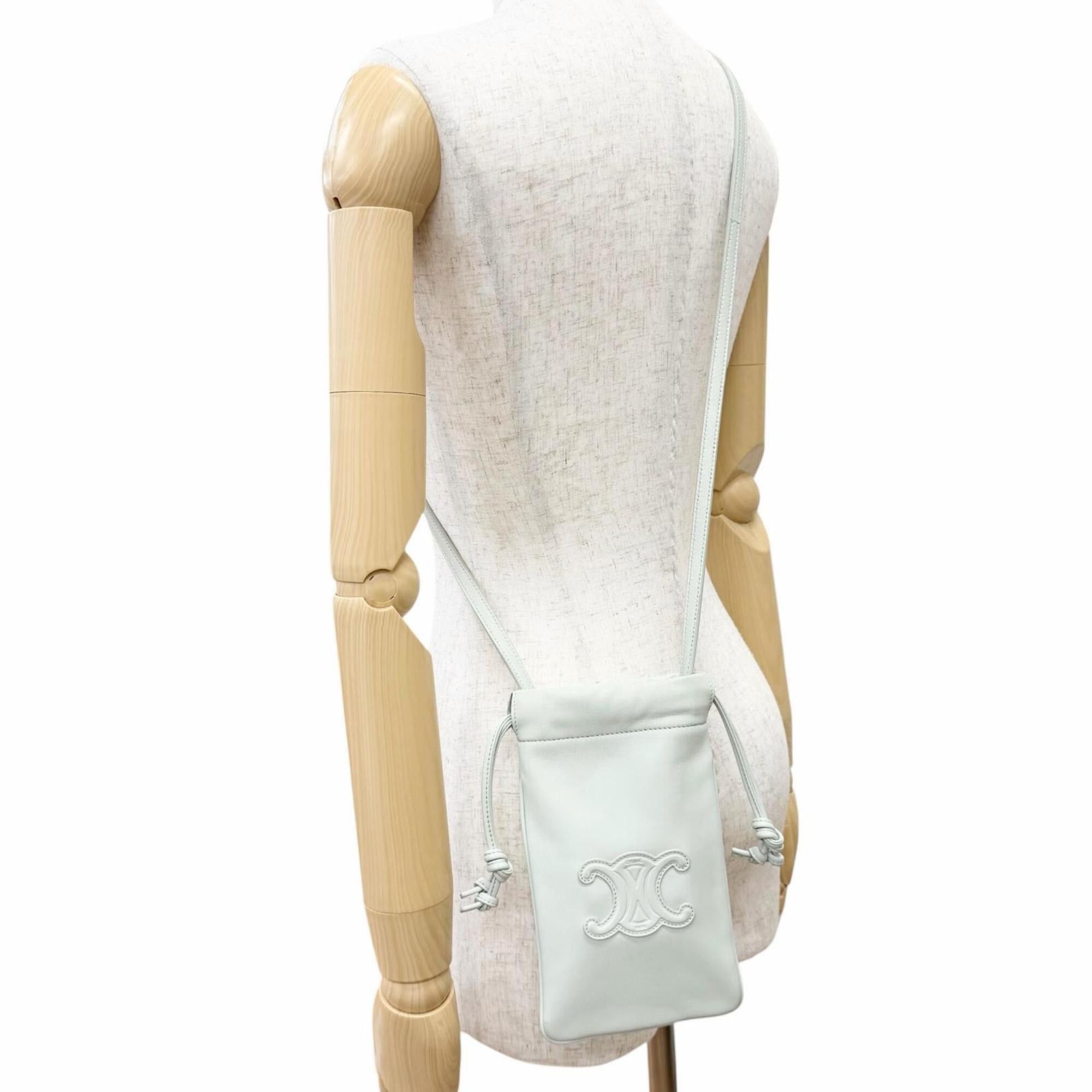 Celine CELINE 10L163ETK Leather Cuir Triomphe Drawstring Mobile Pouch Phone Case Shoulder Bag, Light Green, Made in Italy, Women's, with Dust Bag Size ONE SIZE - 8 Thumbnail