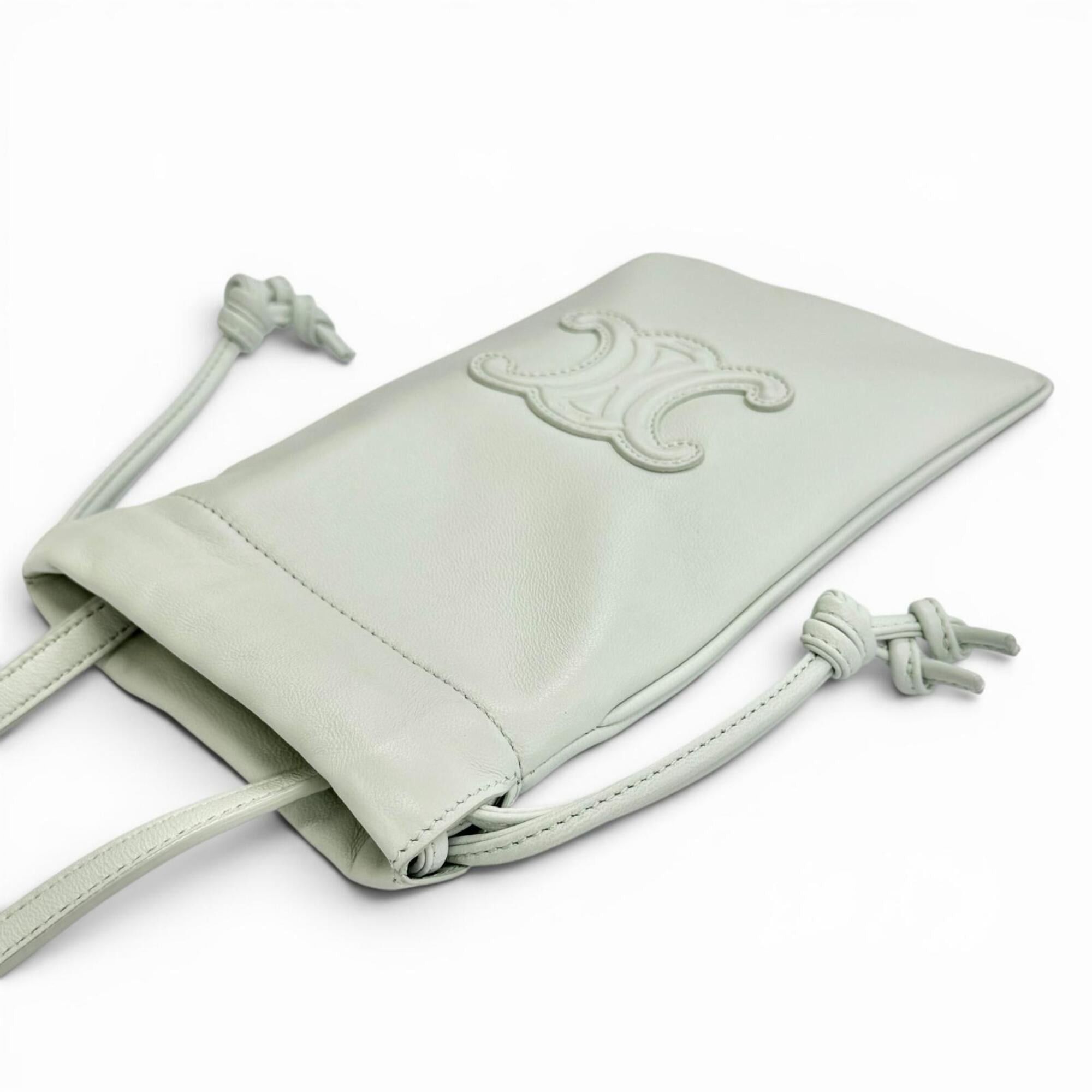 Celine CELINE 10L163ETK Leather Cuir Triomphe Drawstring Mobile Pouch Phone Case Shoulder Bag, Light Green, Made in Italy, Women's, with Dust Bag Size ONE SIZE - 4 Thumbnail