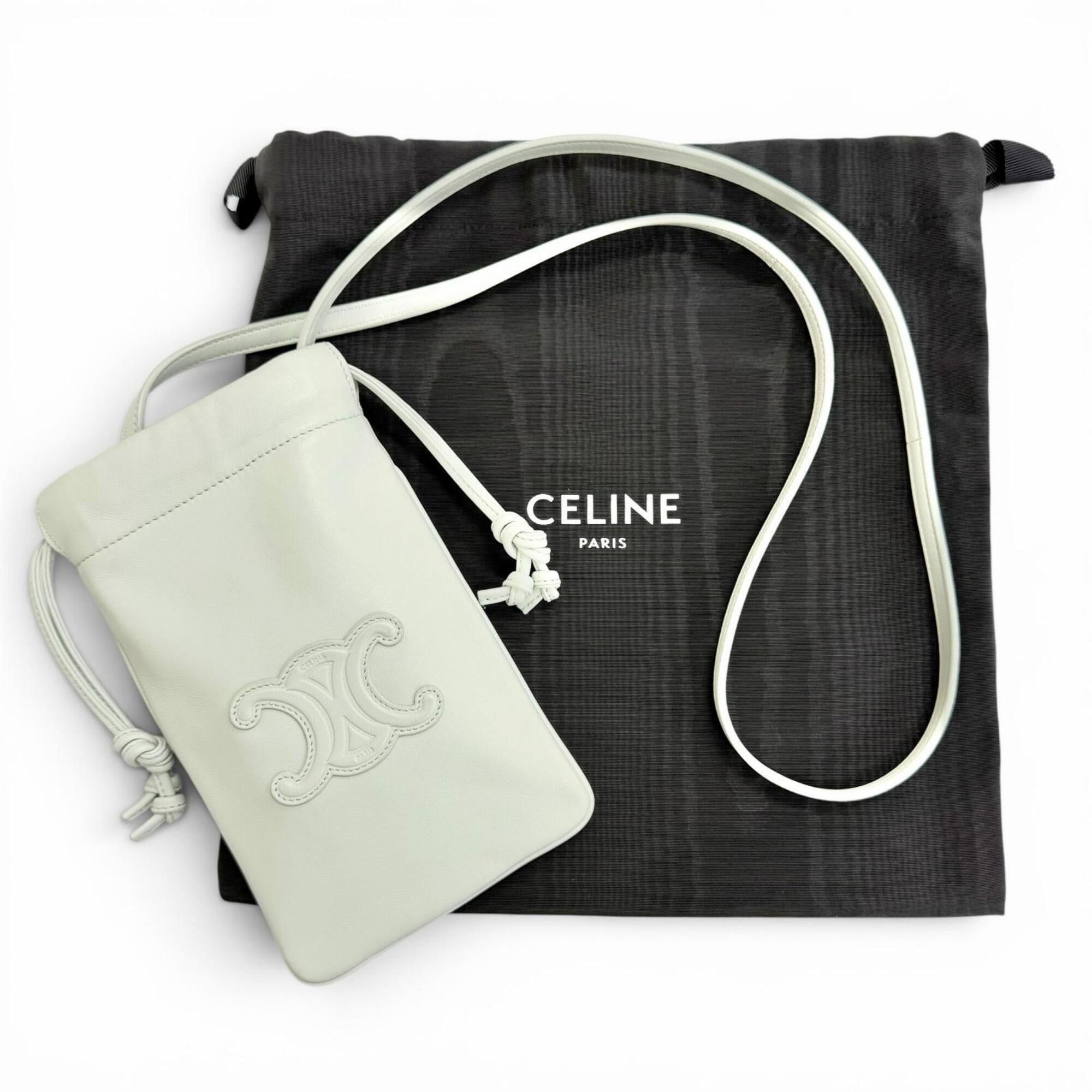 Celine CELINE 10L163ETK Leather Cuir Triomphe Drawstring Mobile Pouch Phone Case Shoulder Bag, Light Green, Made in Italy, Women's, with Dust Bag Size ONE SIZE - 2 Thumbnail