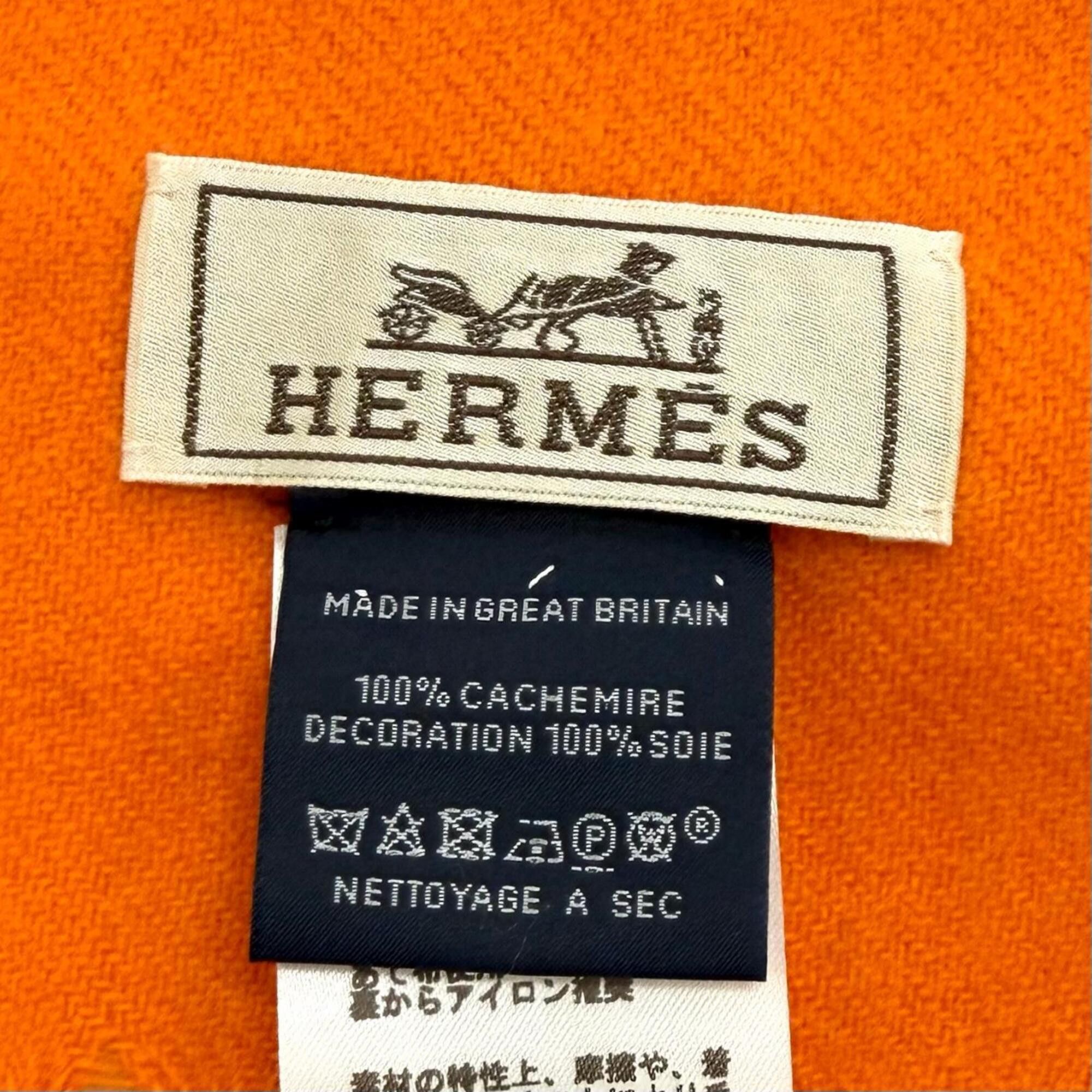 Hermes HERMES 100% Cashmere Stole/Scarf, purchased June 2024, Orange, Badge Soie logo embroidered, fringed, Made in England, Authentic, Women's, with box. Size ONE SIZE - 7 Thumbnail