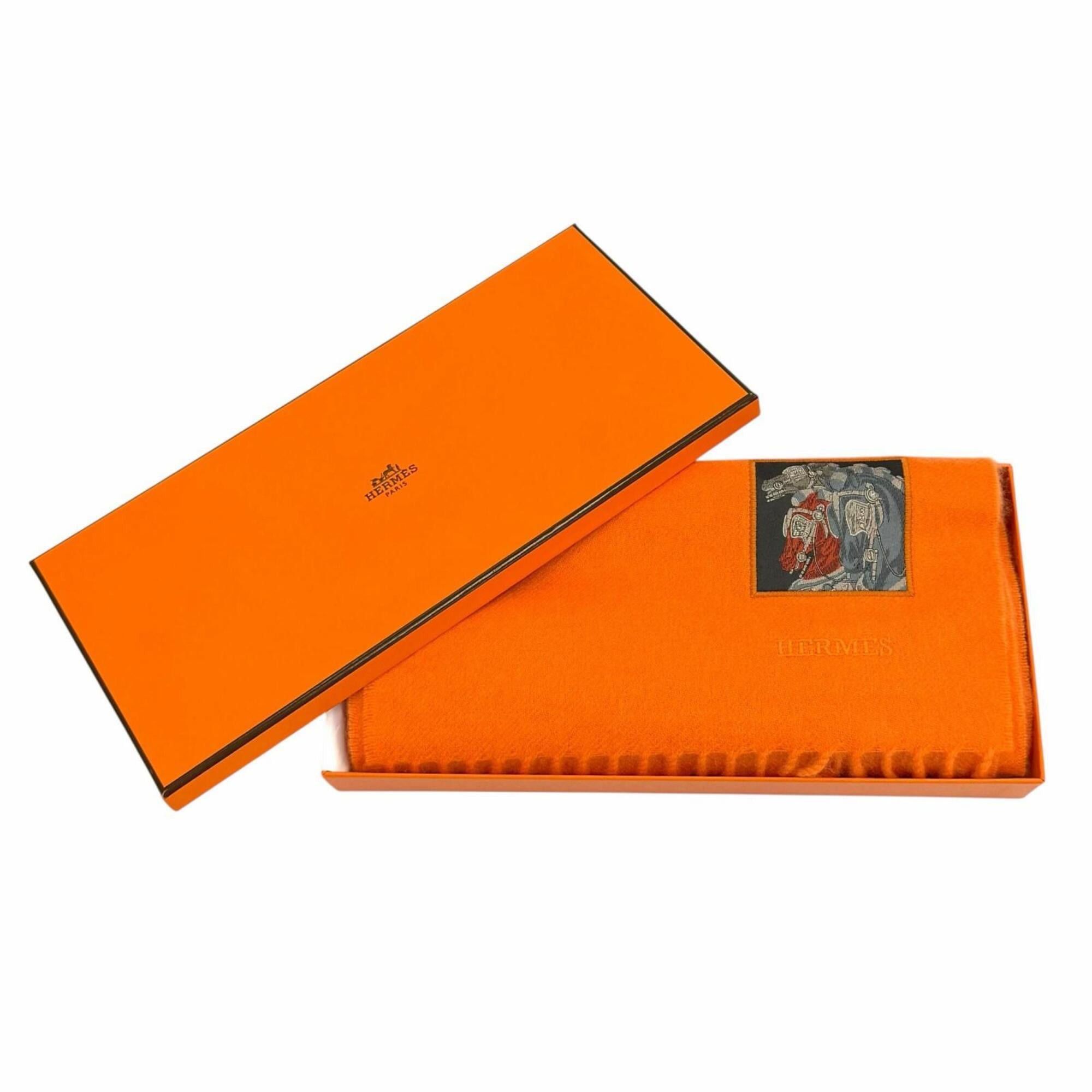 Hermes HERMES 100% Cashmere Stole/Scarf, purchased June 2024, Orange, Badge Soie logo embroidered, fringed, Made in England, Authentic, Women's, with box. Size ONE SIZE - 2 Thumbnail