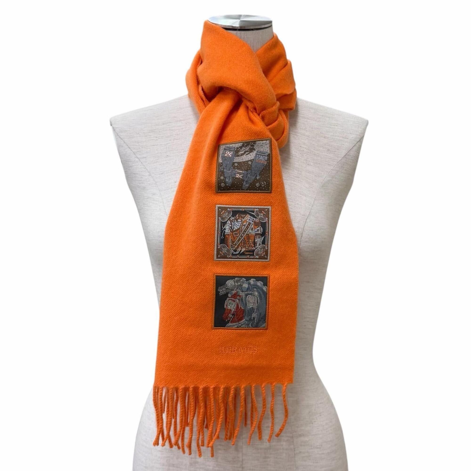 Hermes HERMES 100% Cashmere Stole/Scarf, purchased June 2024, Orange, Badge Soie logo embroidered, fringed, Made in England, Authentic, Women's, with box. Size ONE SIZE - 4 Thumbnail