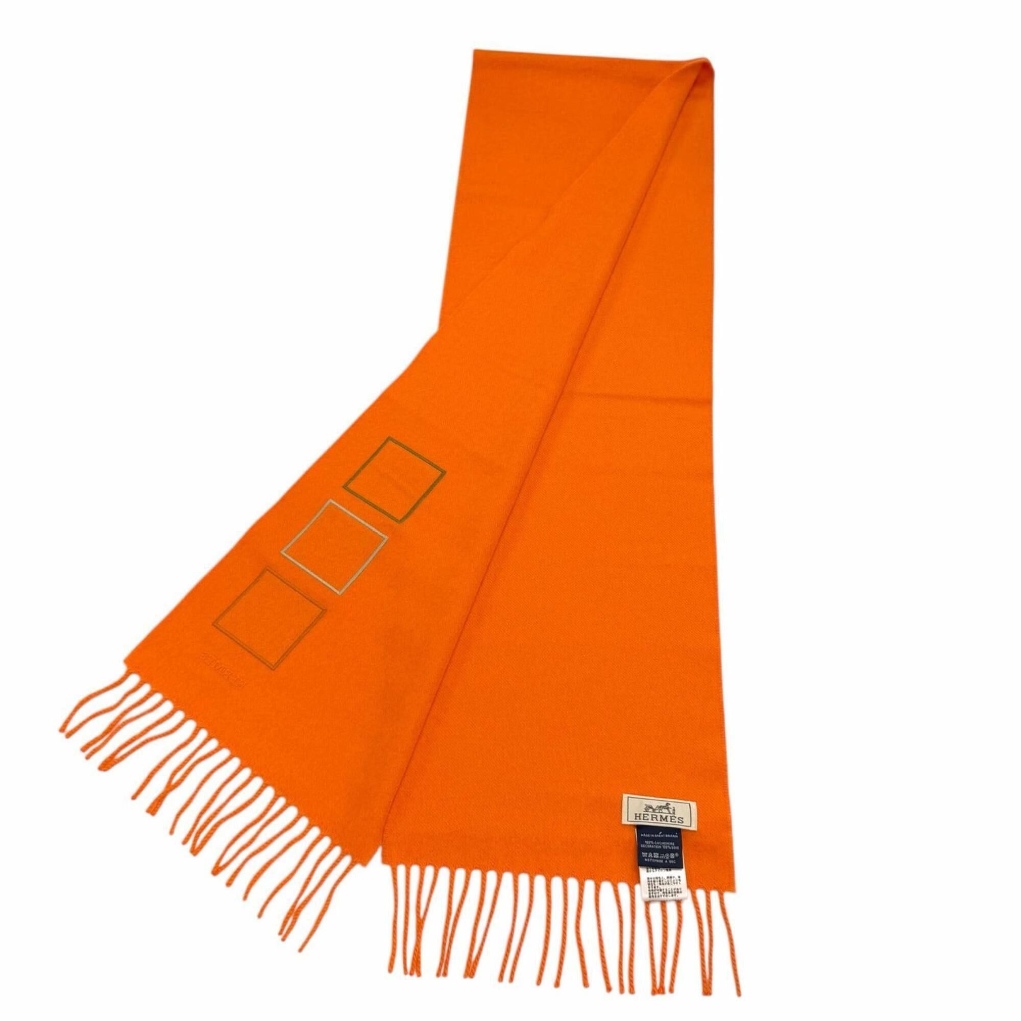 Hermes HERMES 100% Cashmere Stole/Scarf, purchased June 2024, Orange, Badge Soie logo embroidered, fringed, Made in England, Authentic, Women's, with box. Size ONE SIZE - 3 Thumbnail
