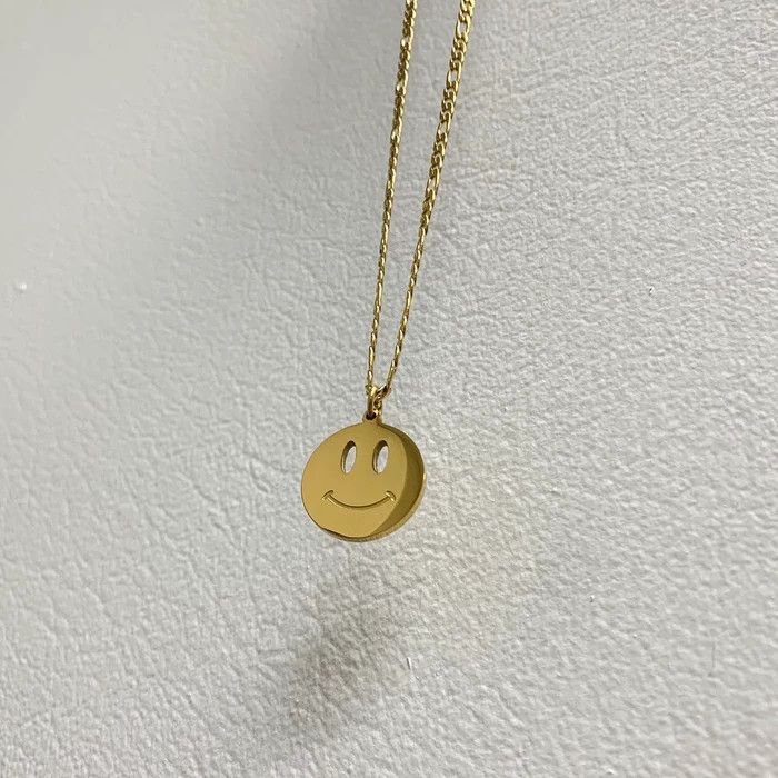 Vintage Gold Bipolar Smiley Face Double Sided Pendant Necklace 20