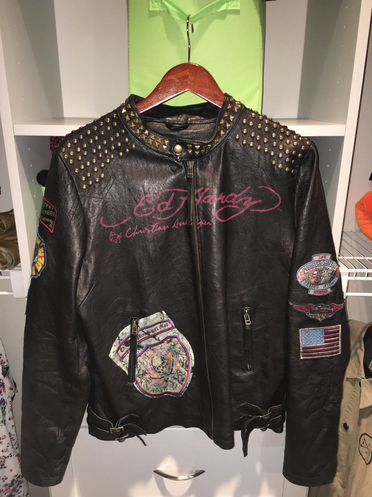 Ed Hardy Ed hardy Leather Jacket with Emblems and Patches | Grailed