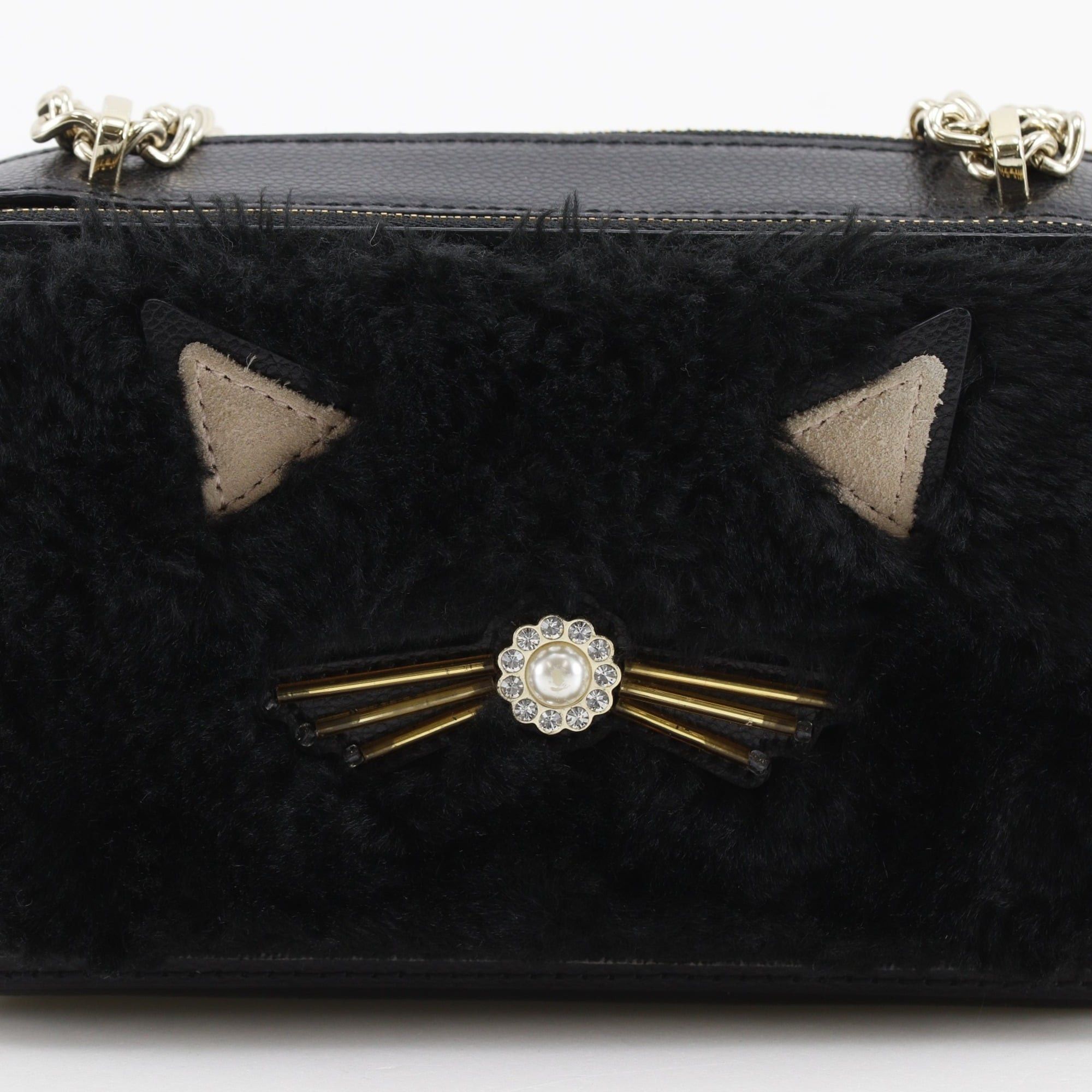 Kate Spade Kate Spade Cat Chain Shoulder Bag - Leather & Faux Fur, Black, Crossbody, Bag, Zipper Closure, Women's Size ONE SIZE - 12 Thumbnail