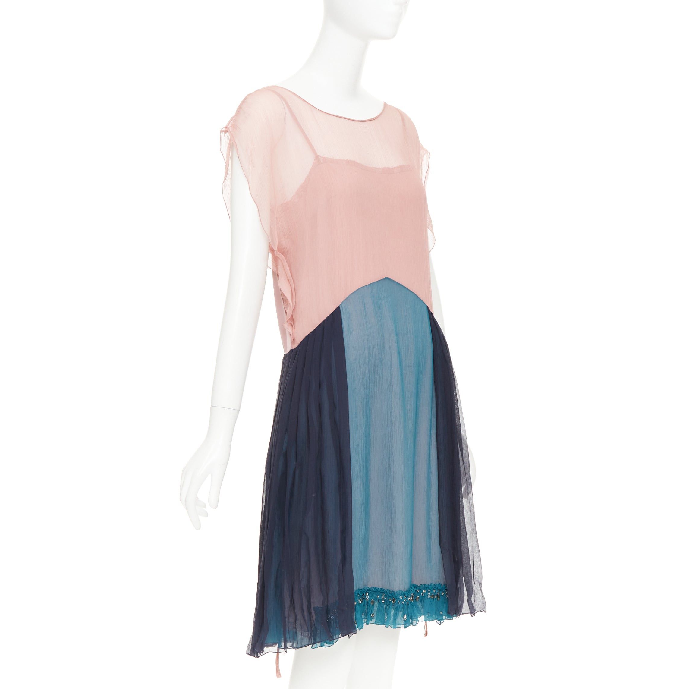 Prada PRADA 2015 silk chiffon paneled colorblocked embellished hem cocktail dress IT40 S Size S / US 4 / IT 40 - 3 Thumbnail